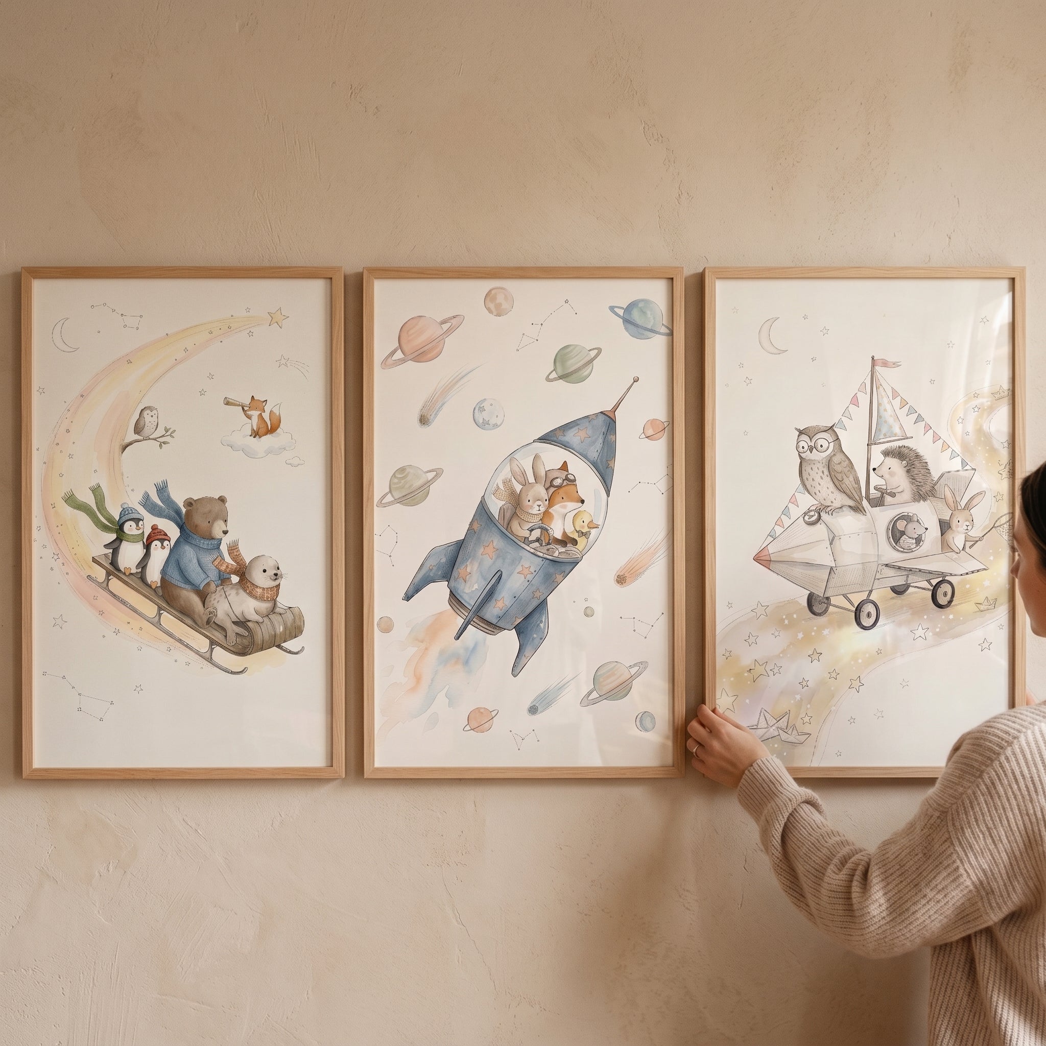 Soft Watercolor Whimsical Animals Artwork Set of 3 - Starlit Nursery Adventure