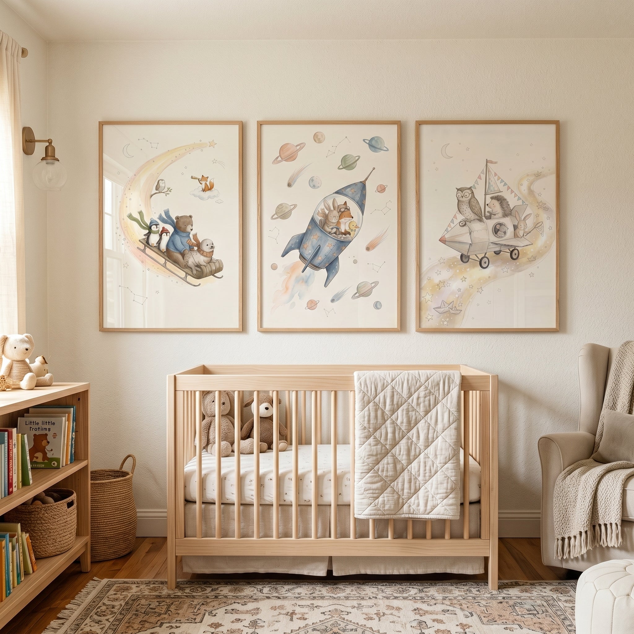 Soft Watercolor Whimsical Animals Artwork Set of 3 - Starlit Nursery Adventure