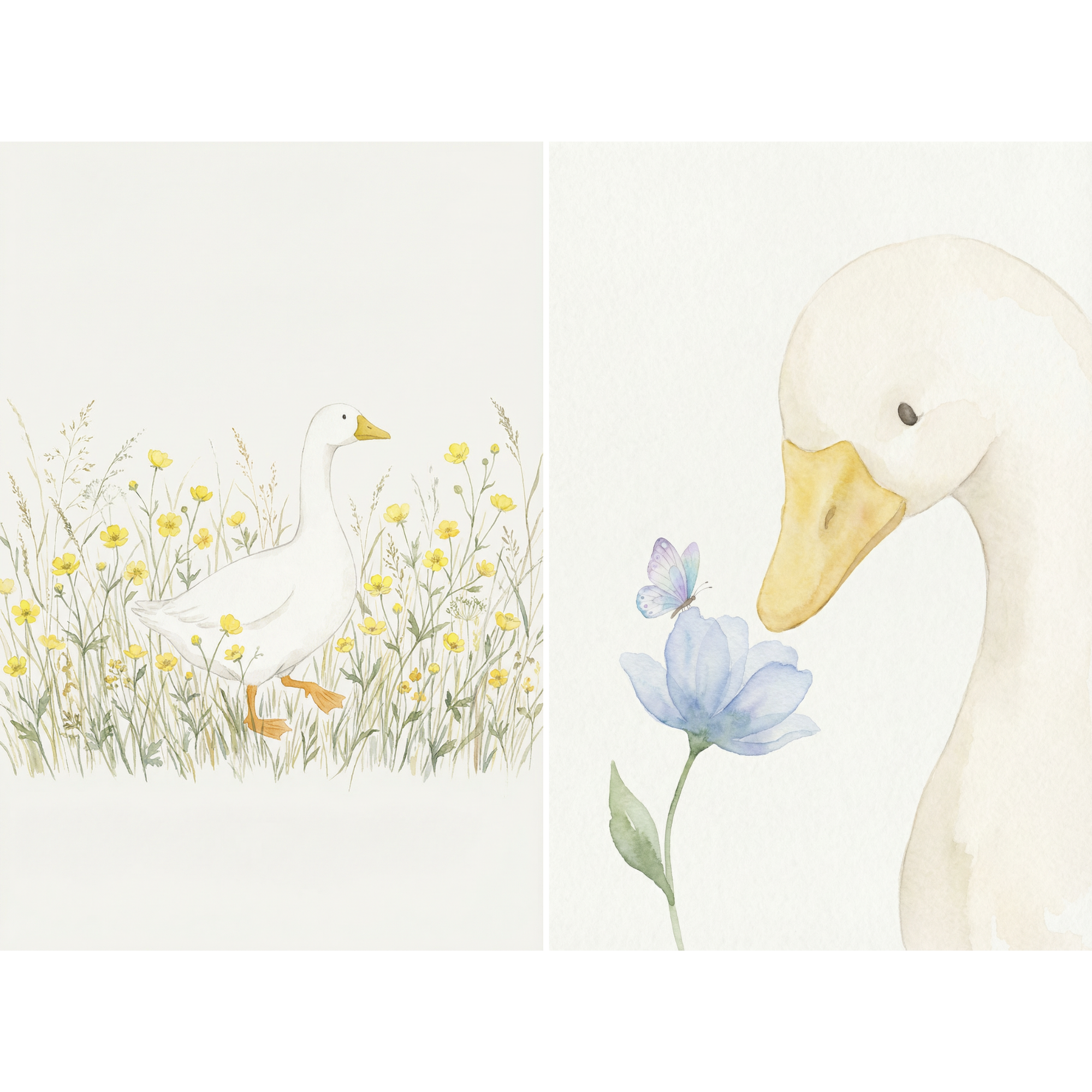 Soft Watercolor White Goose Wall Art Set of 2 - Sweet Floral Friends