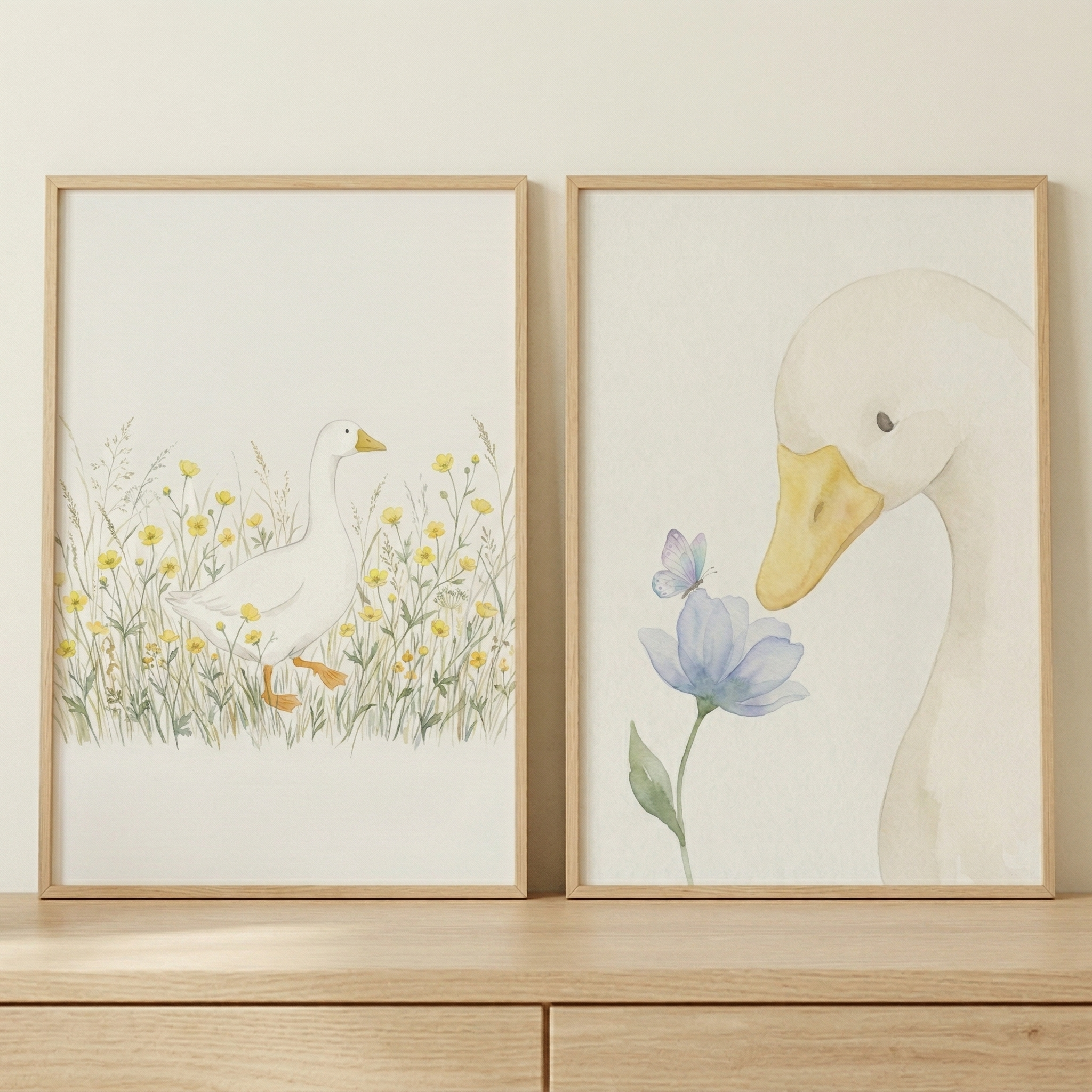 Soft Watercolor White Goose Wall Art Set of 2 - Sweet Floral Friends