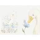 A set of two vertical illustrations in a delicate watercolor style featuring a white bird. On the left, the bird is depicted with its wings spread as it splashes into a clear blue pond surrounded by colorful wildflowers and floating petals. On the right, a close-up profile of the bird shows it looking softly at a light blue flower with a small purple butterfly resting on top. The background is a soft off-white, and the overall color palette uses gentle pastels.