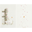 A two-panel watercolor illustration featuring a white goose. On the left, the goose sits peacefully among a cluster of wildflowers at the base of a rustic wooden fence post entwined with climbing pink roses. On the right, the goose is shown from a back view, looking up as light pink petals fall through the air. Both images have a soft, minimalist aesthetic with a light cream background and delicate pastel tones.