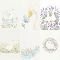 Six soft watercolor-style illustrations featuring white ducks in serene nature scenes. Top-left: a duck floating on a blue pond amidst wildflowers. Top-middle: a close-up of a duck looking at a blue flower with a butterfly. Top-right: two ducks standing in a field of tall lavender. Bottom-left: a duck walking through yellow wildflowers. Bottom-middle: a duck drinking from a gentle stream. Bottom-right: a duck curled up asleep inside a circular wreath of pink and purple flowers.