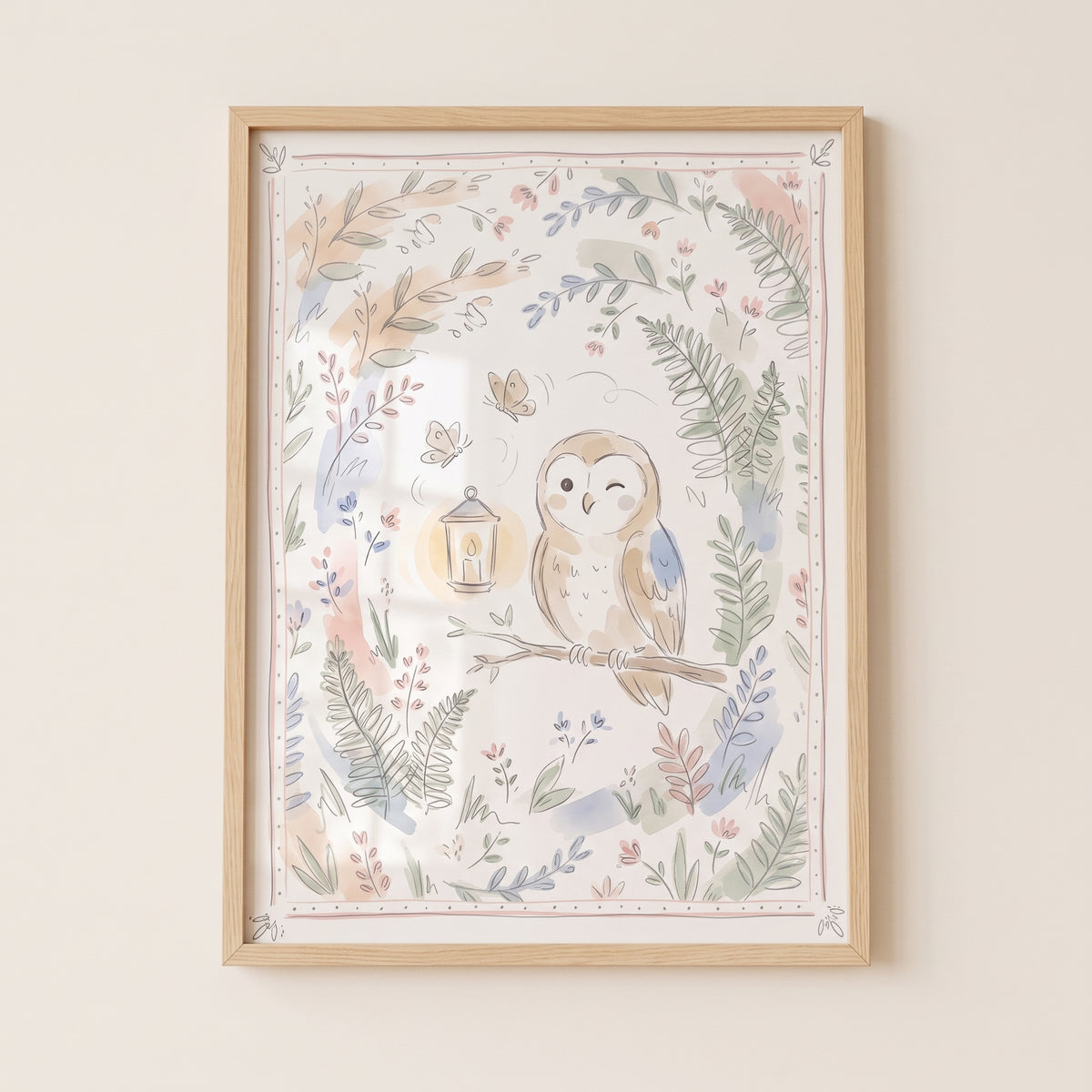 Soft watercolor winking owl wall art in a light wood frame featuring a cute bird with a lantern and floral illustrations.