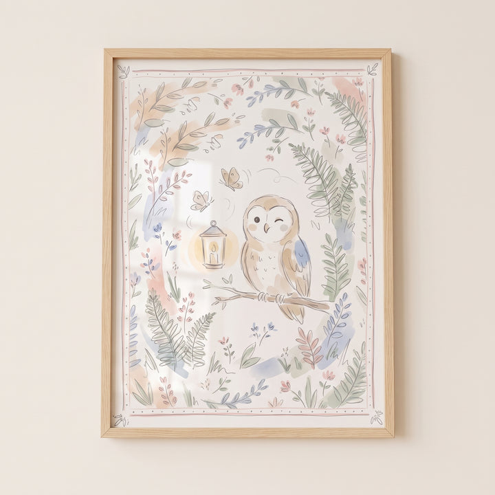 Soft watercolor winking owl wall art in a light wood frame featuring a cute bird with a lantern and floral illustrations.