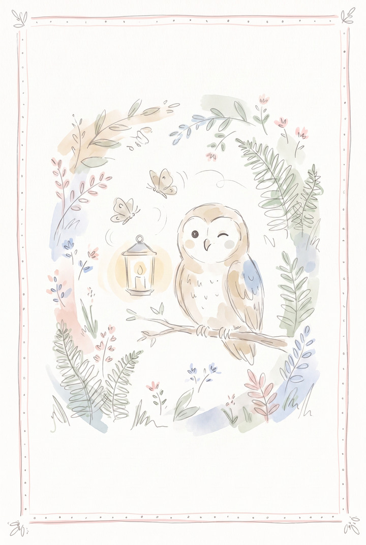 Soft watercolor winking owl wall art on a branch with a glowing lantern, butterflies, and pastel botanical accents.