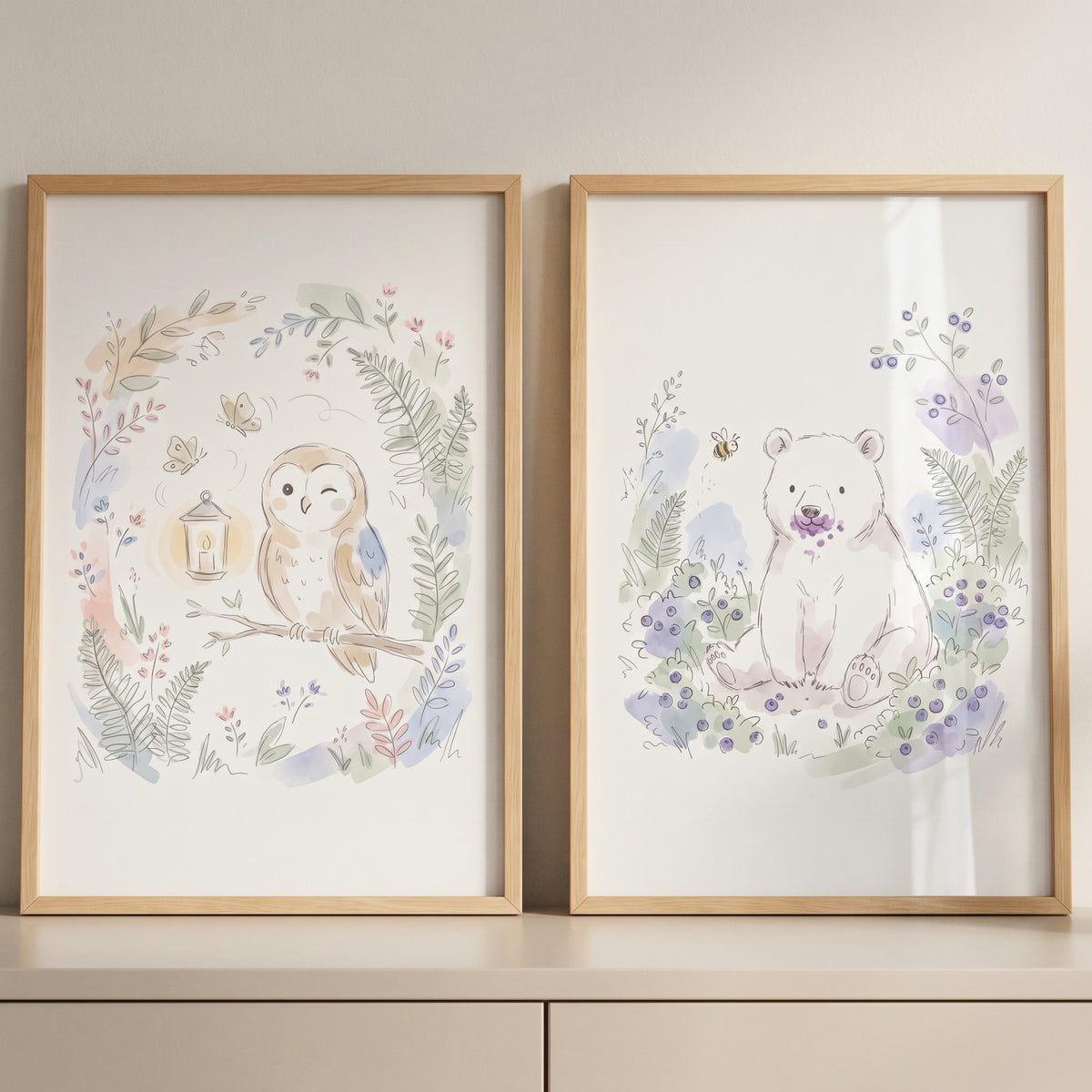 Soft Watercolor Woodland Animal Wall Art Set of 2 - Soft Woodland Tales