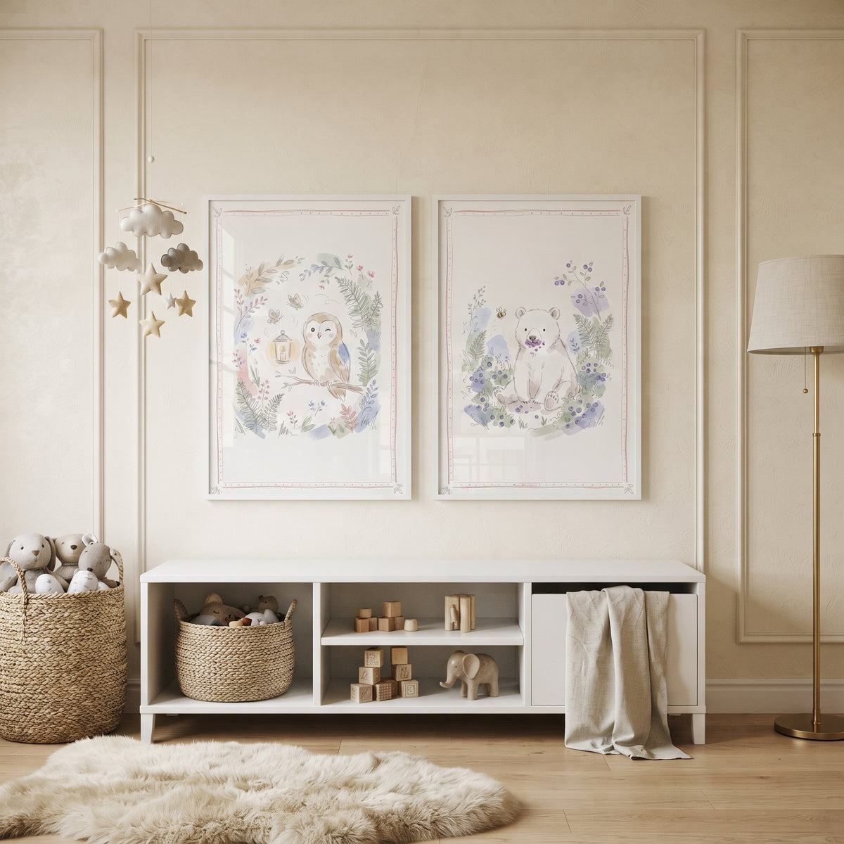 Soft Watercolor Woodland Animal Wall Art Set of 2 - Soft Woodland Tales