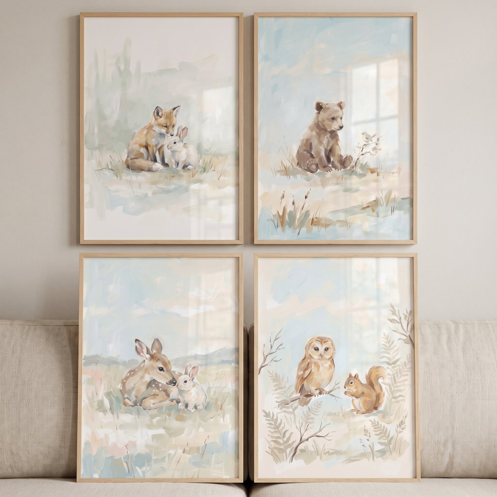 Soft watercolor woodland animals wall art set of 4 featuring a fox, bear, deer, owl, squirrel, and rabbits.
