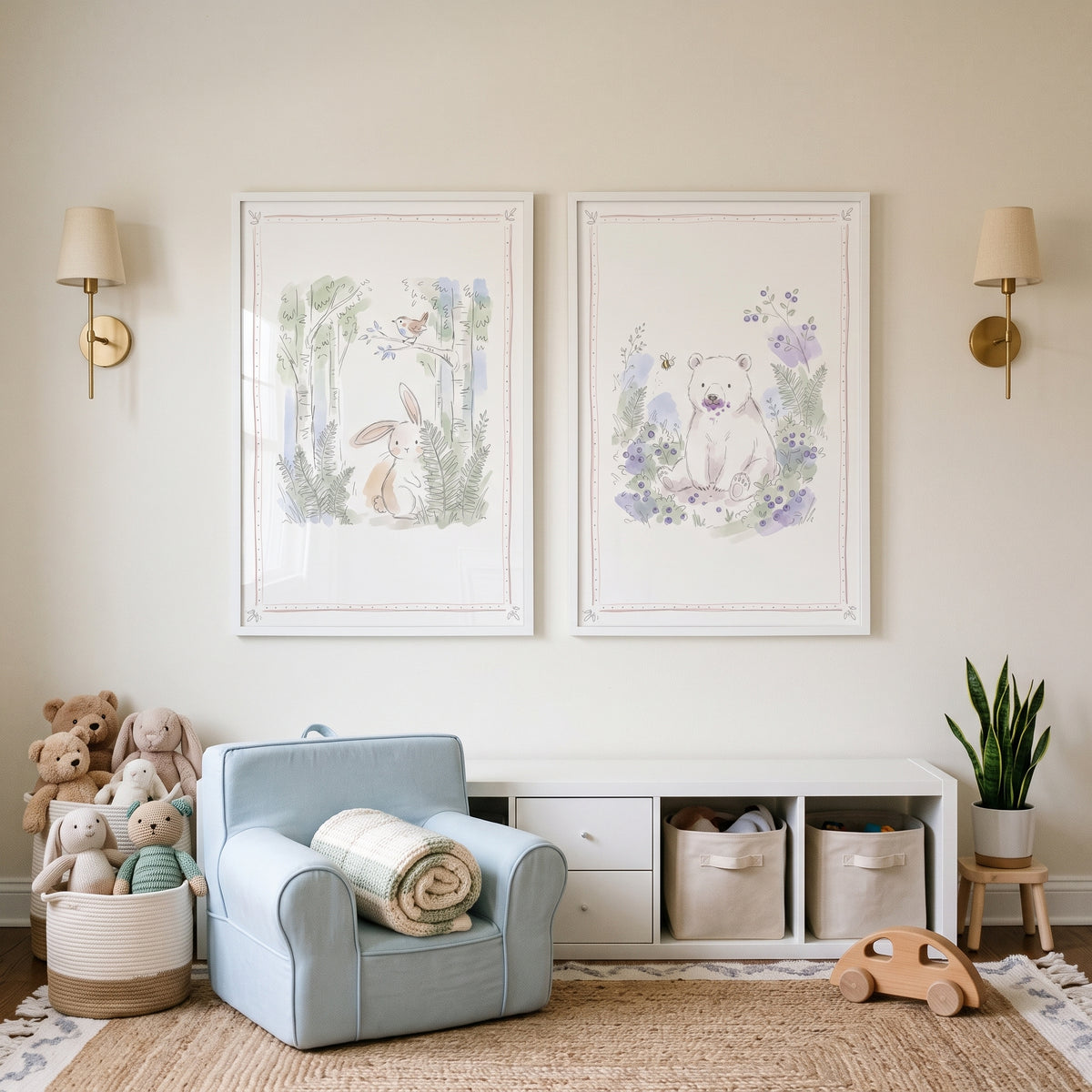 Soft Watercolor Woodland Creature Wall Art Set of 2 - Sweet Forest Friends