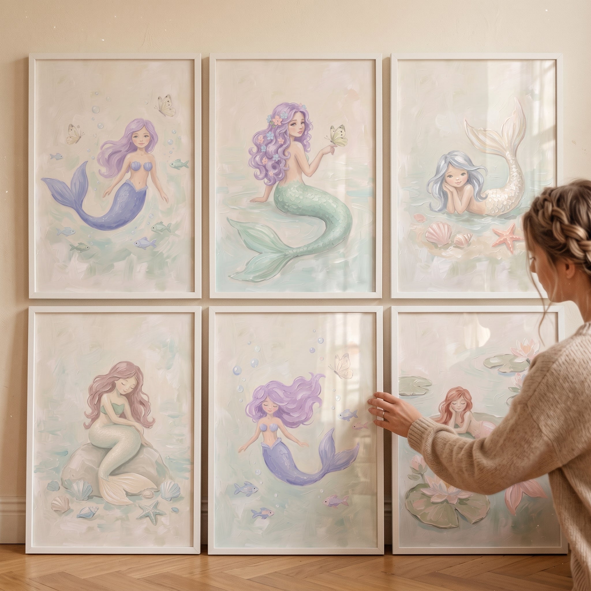 Soft Whimsical Dreamy Mermaid Wall Art Set of 6 - Serene Mermaid Garden