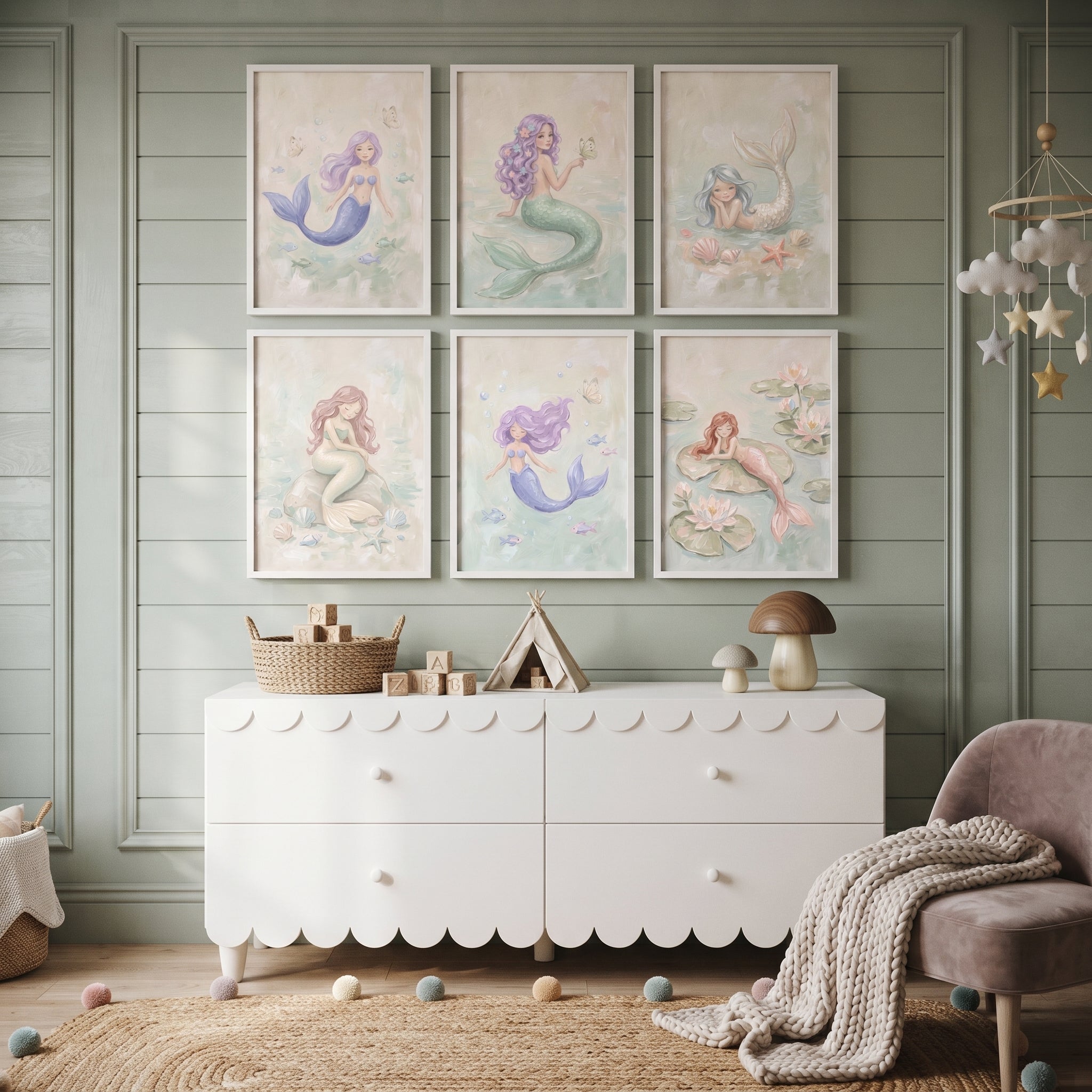 Soft Whimsical Dreamy Mermaid Wall Art Set of 6 - Serene Mermaid Garden