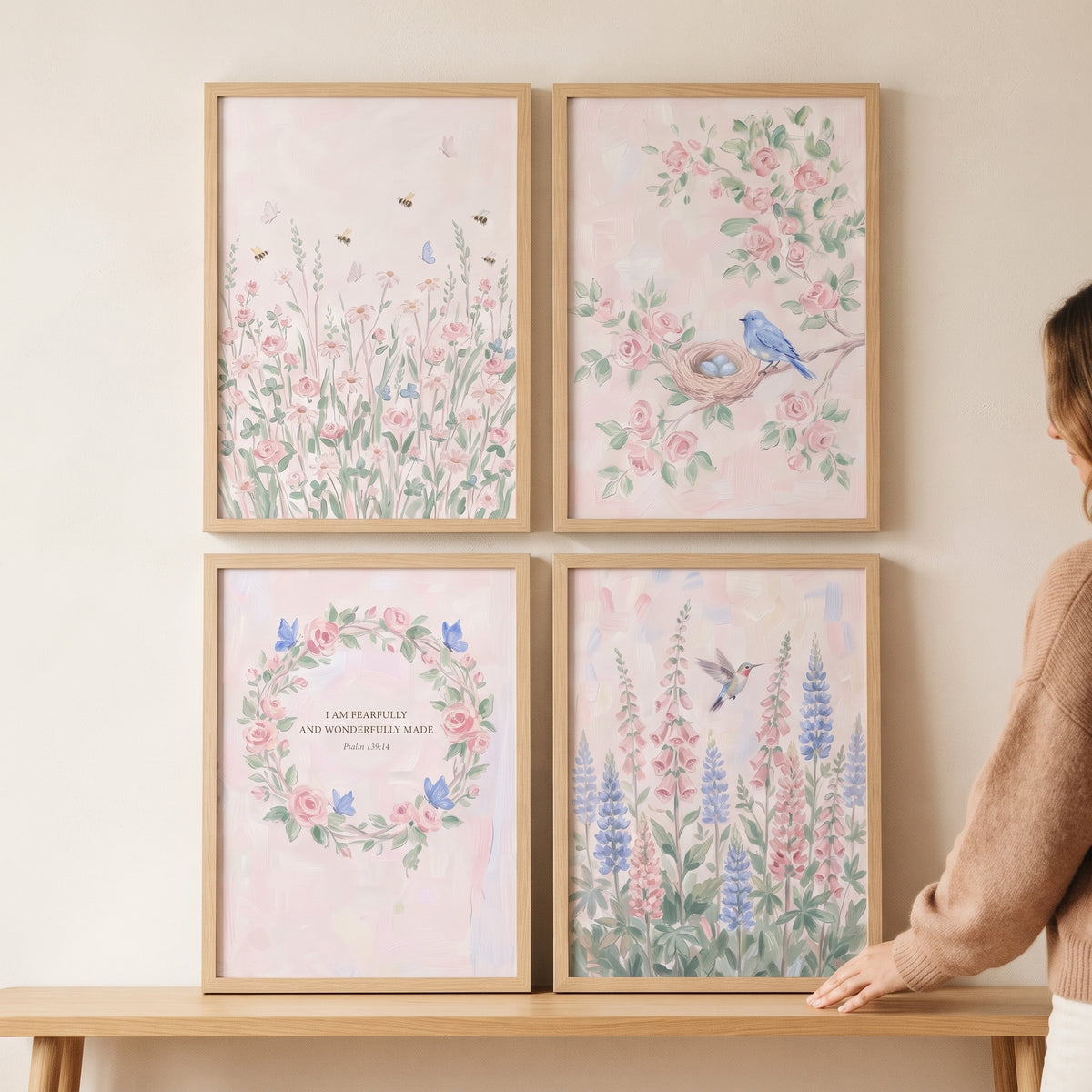 Soft whimsical watercolor garden wall art set of 4 with birds, flowers, and bees displayed in light wood frames.