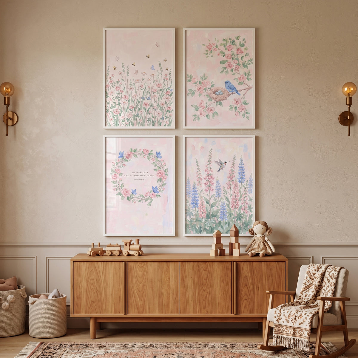 Soft Whimsical Watercolor Garden Wall Art Set of 4 - Sacred Meadow Blooms
