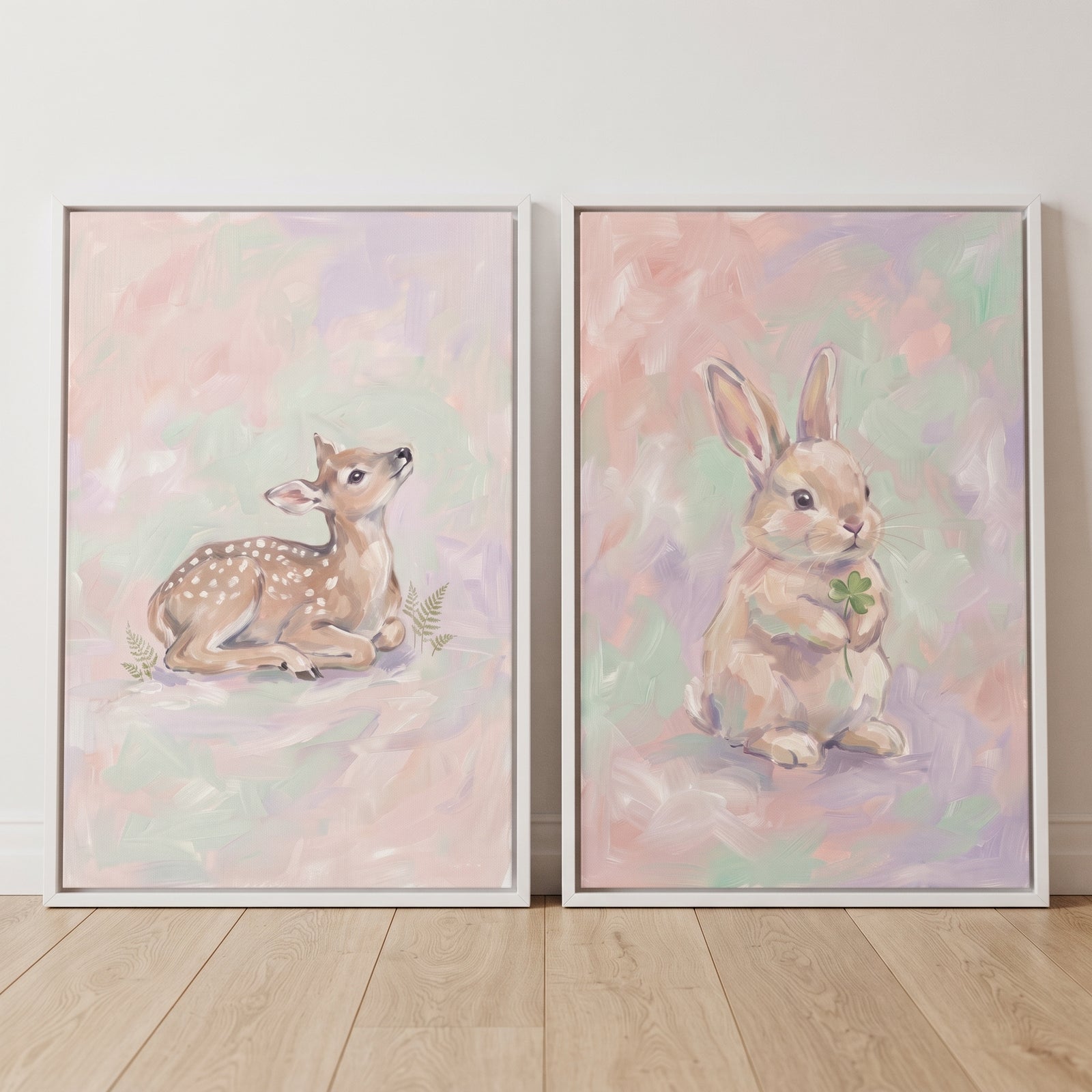 Soft whimsical woodland animal wall art set of 2 featuring a spotted fawn and a rabbit with a clover on pastel backgrounds.
