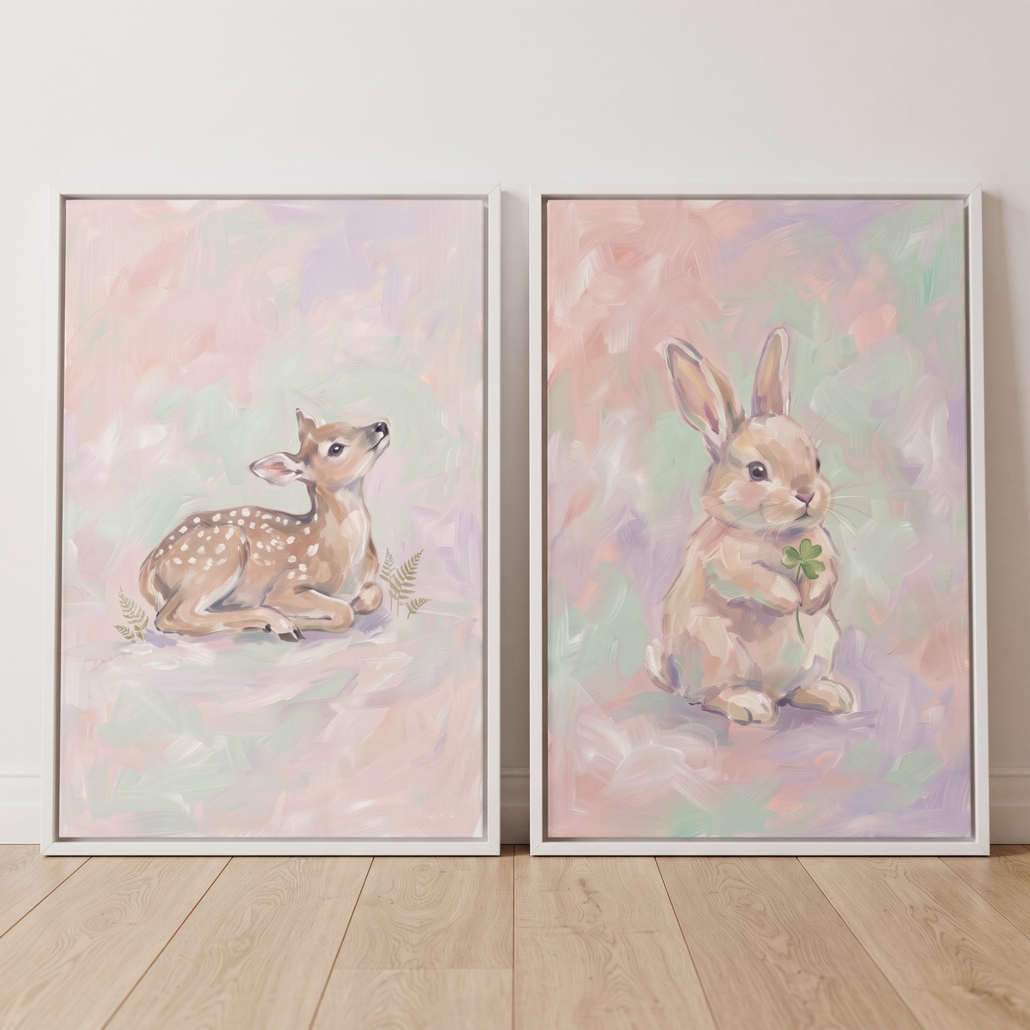Soft Whimsical Woodland Animal Wall Art Set of 2 - Gentle Woodland Pair