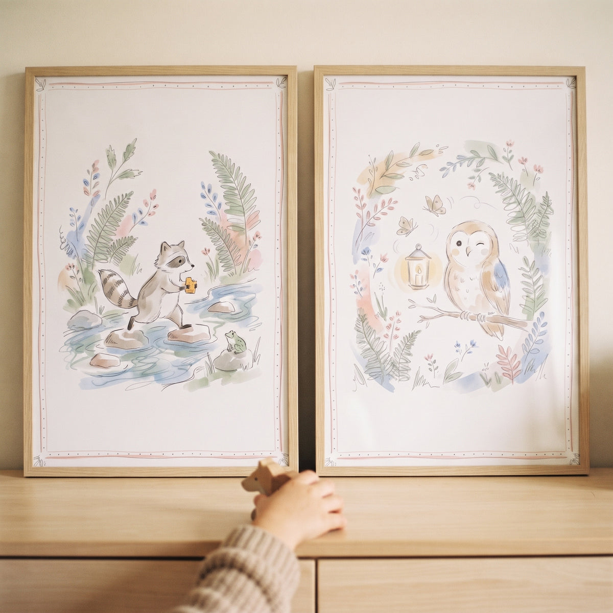 Soft whimsical woodland animal wall art set of 2 with a raccoon and owl in wood frames on a dresser by a child's hand.