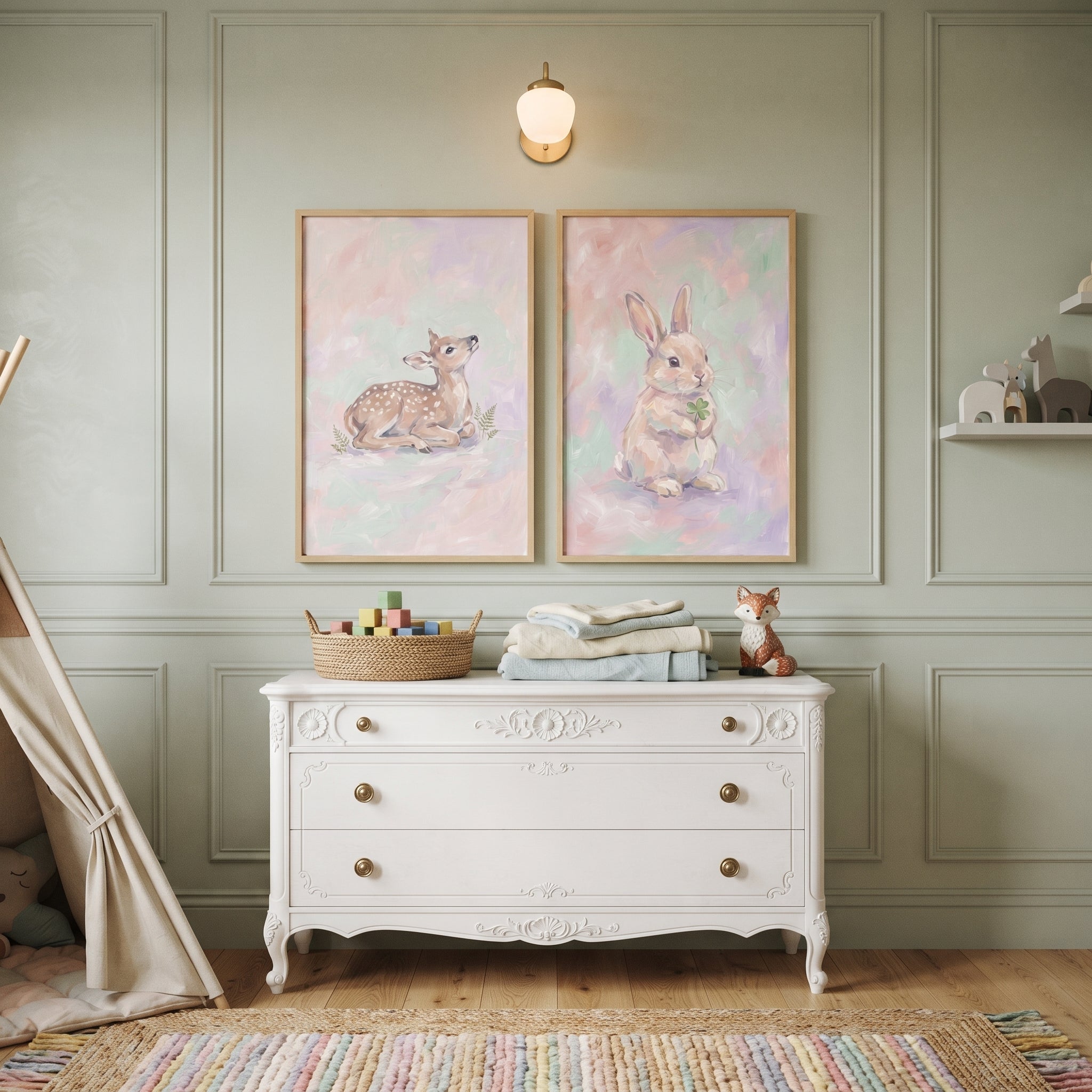 Soft Whimsical Woodland Animal Wall Art Set of 2 - Gentle Woodland Pair