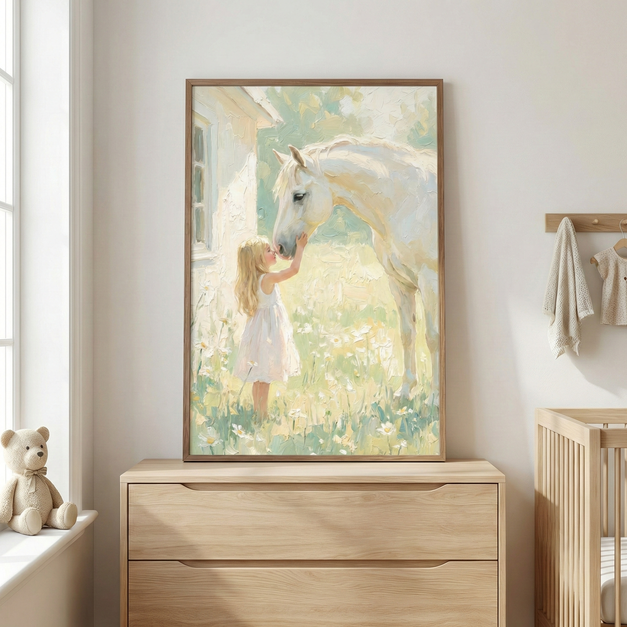 A framed impressionist artwork sits atop a light wood dresser in a sunlit nursery. The piece depicts a gentle moment between a young girl with long blonde hair, wearing a white dress, and a large white horse. They share a soft touch in a field of white flowers near a light-colored cottage. The illustration features visible texture and a bright, pastel color palette. The room is decorated with a small teddy bear on a windowsill, a wooden crib, and neutral-colored garments on a wall rack.
