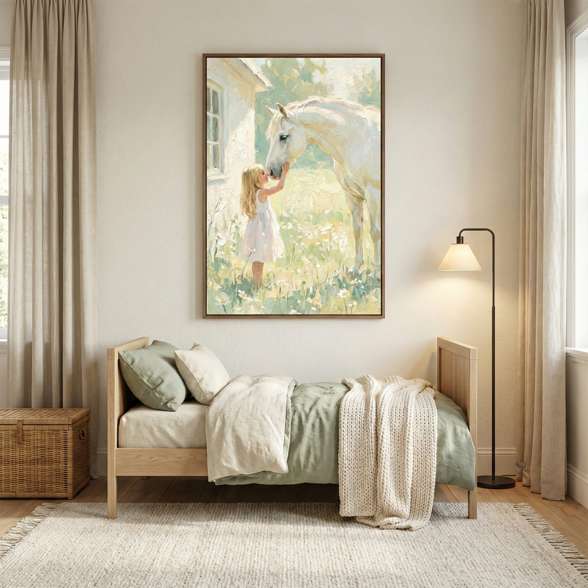 A cozy child’s bedroom with a light wood twin bed dressed in soft green and cream bedding, layered with textured pillows and a chunky knit throw. Centered above the bed is a framed impressionist painting of a young girl in a white dress gently touching a white horse in a sunlit meadow of wildflowers beside a cottage window, adding a warm storybook charm to the serene neutral space.