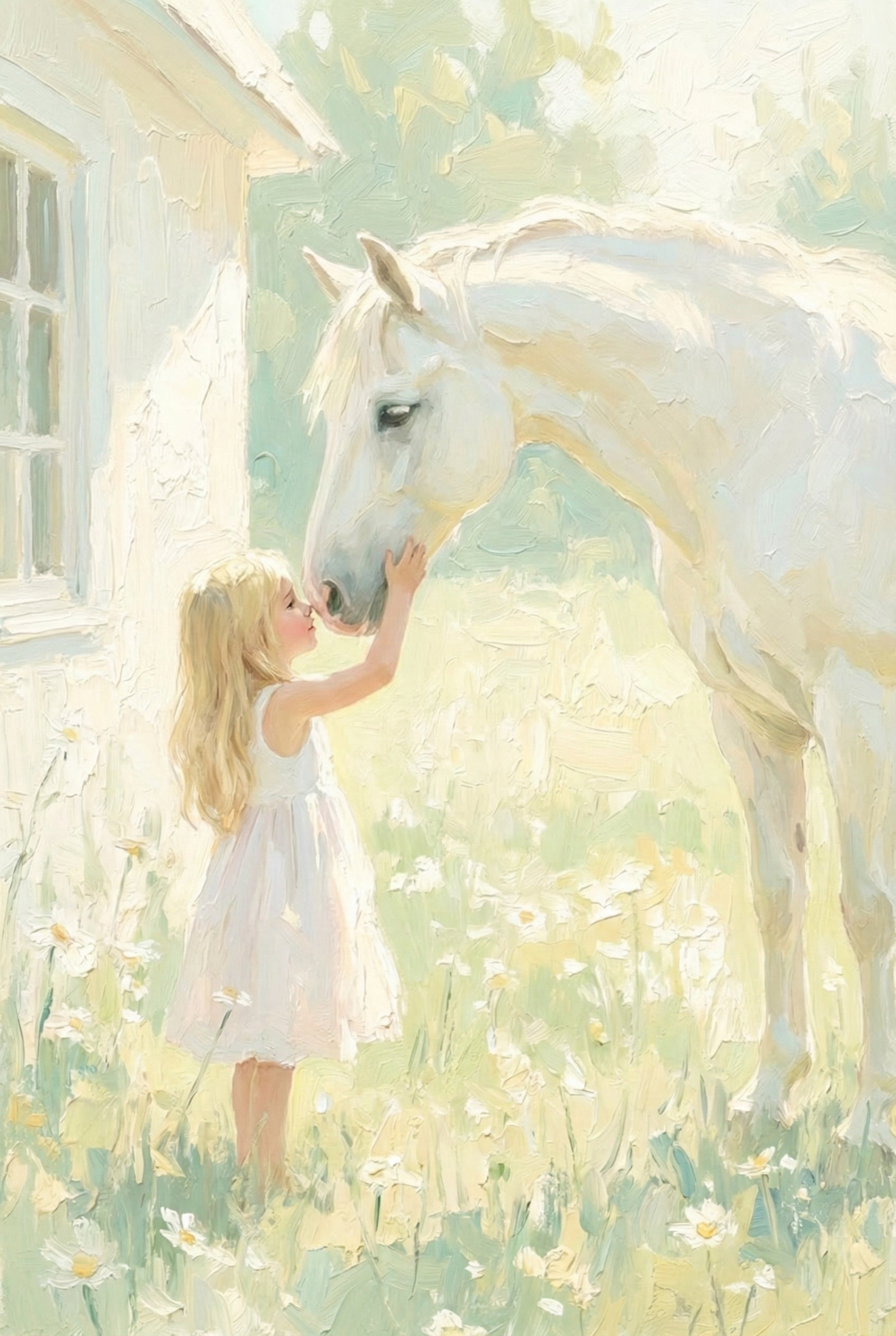 Soft-focus impressionistic artwork of a young blonde girl and a large white horse in a sunlit meadow. The girl, in a white sundress, stands on tiptoes to gently touch her nose to the horse's muzzle. Her small hand reaches up to pet its face. The horse leans down in a serene moment of connection. They stand in a field of white daisies near a rustic white house. The scene features heavy, visible textures and a luminous, pastel color palette of whites, yellows, and soft greens.