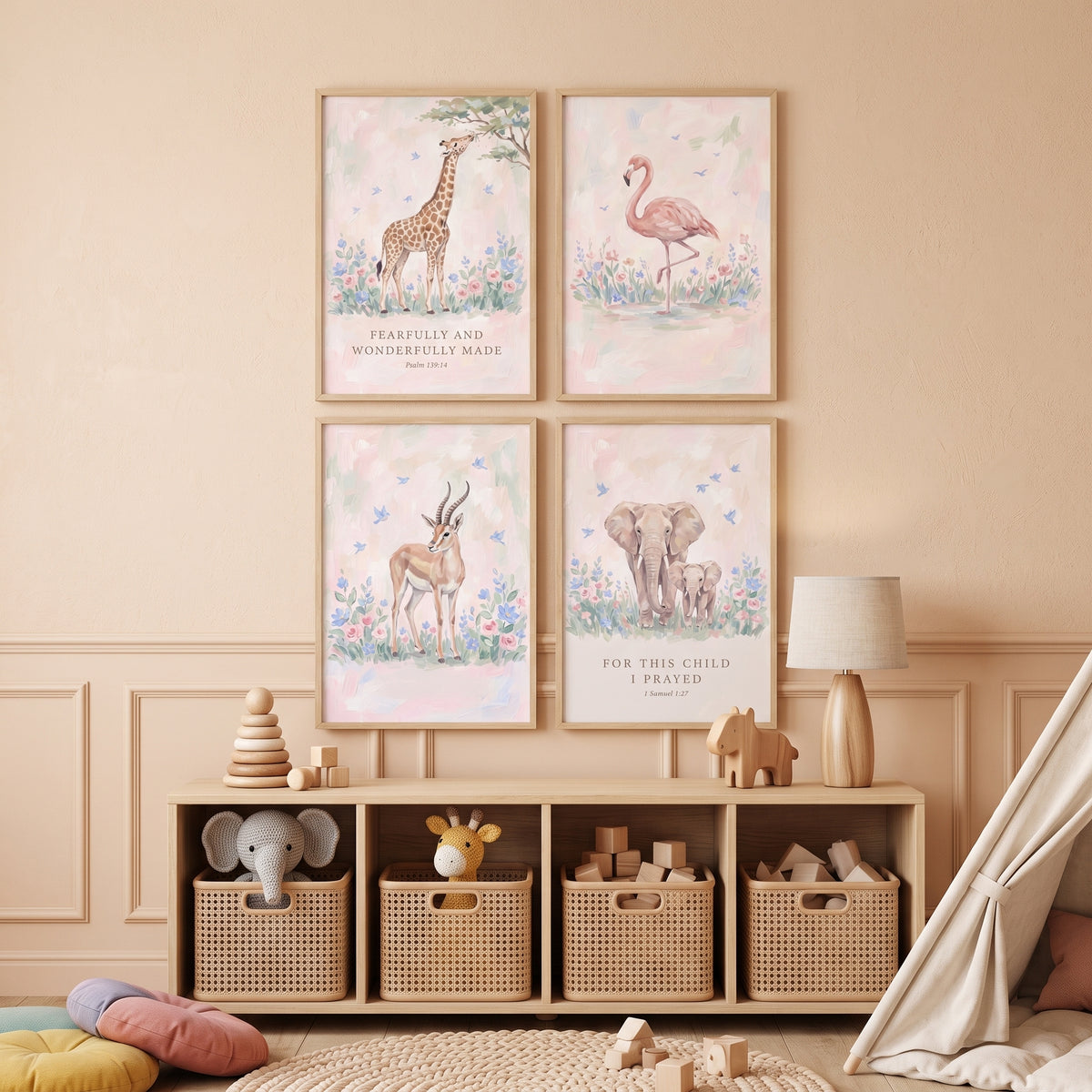 Soft Wildflower African Animals Wall Art Set of 4 - Pastel Promise Art