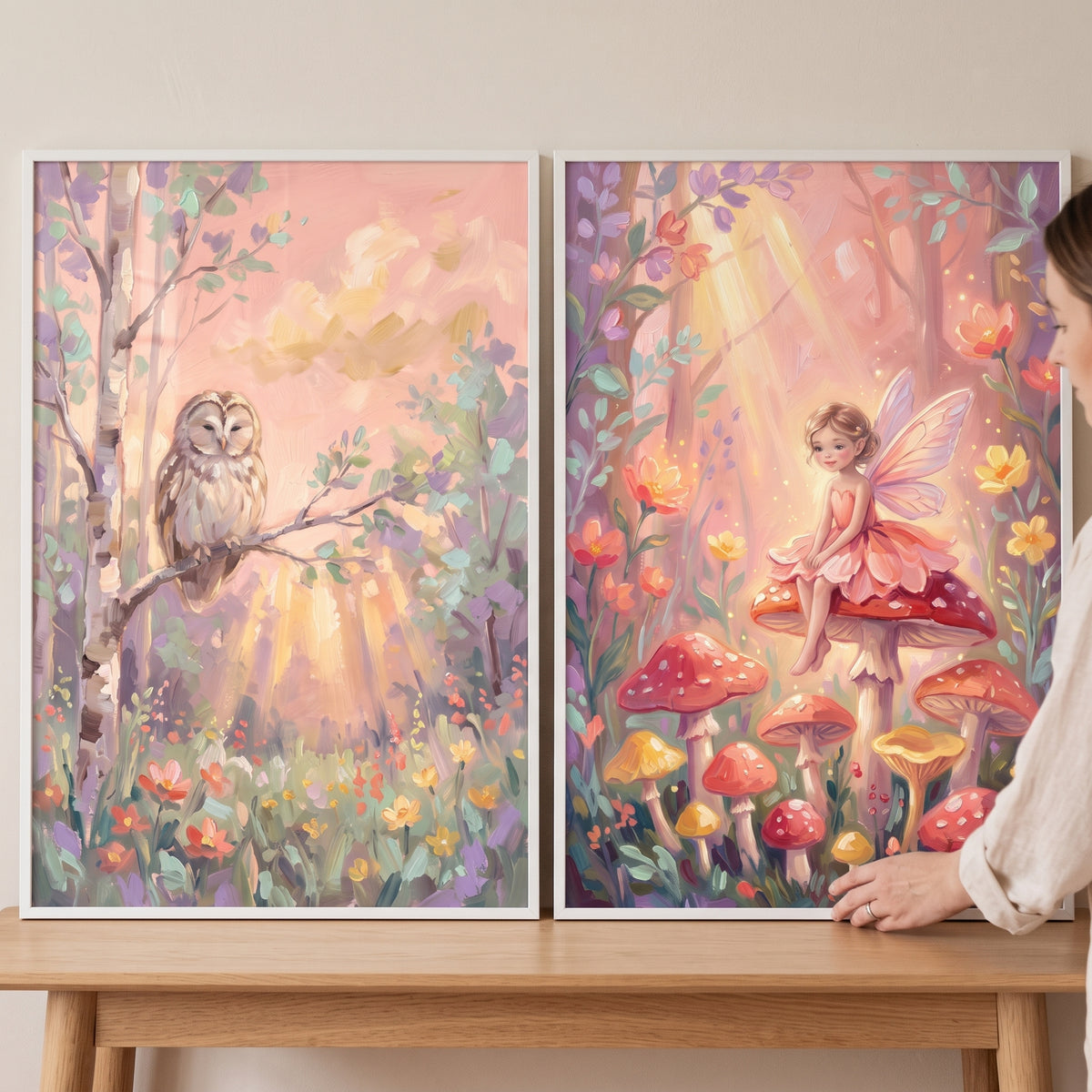 Soft wildflower enchanted forest wall art set of 2 featuring an owl on a branch and a fairy sitting on a mushroom.