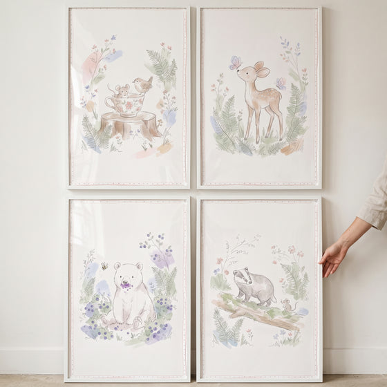 Soft wildflower forest animal wall art set of 4 featuring a mouse, fawn, bear, and badger in a watercolor nursery style.