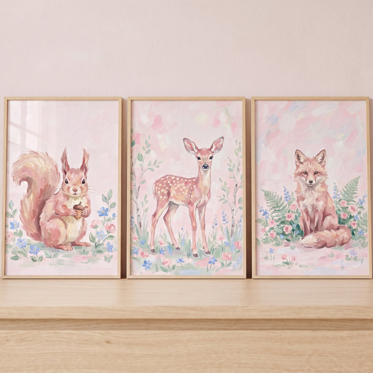 Soft Wildflower Forest Animals Wall Art Set of 3 - Sweet Nursery Animals