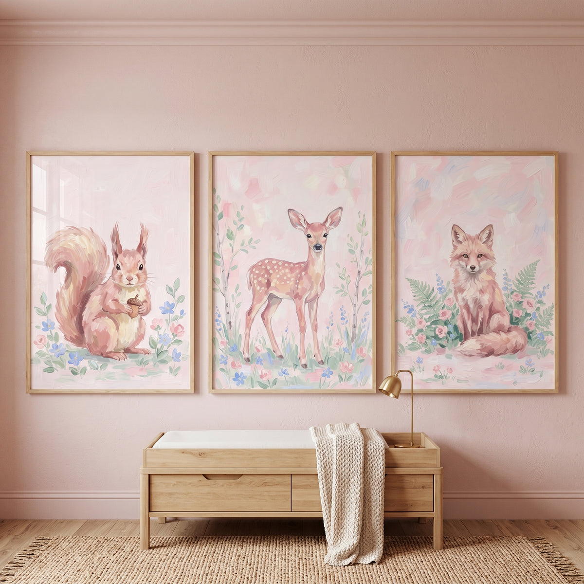 Soft Wildflower Forest Animals Wall Art Set of 3 - Sweet Nursery Animals