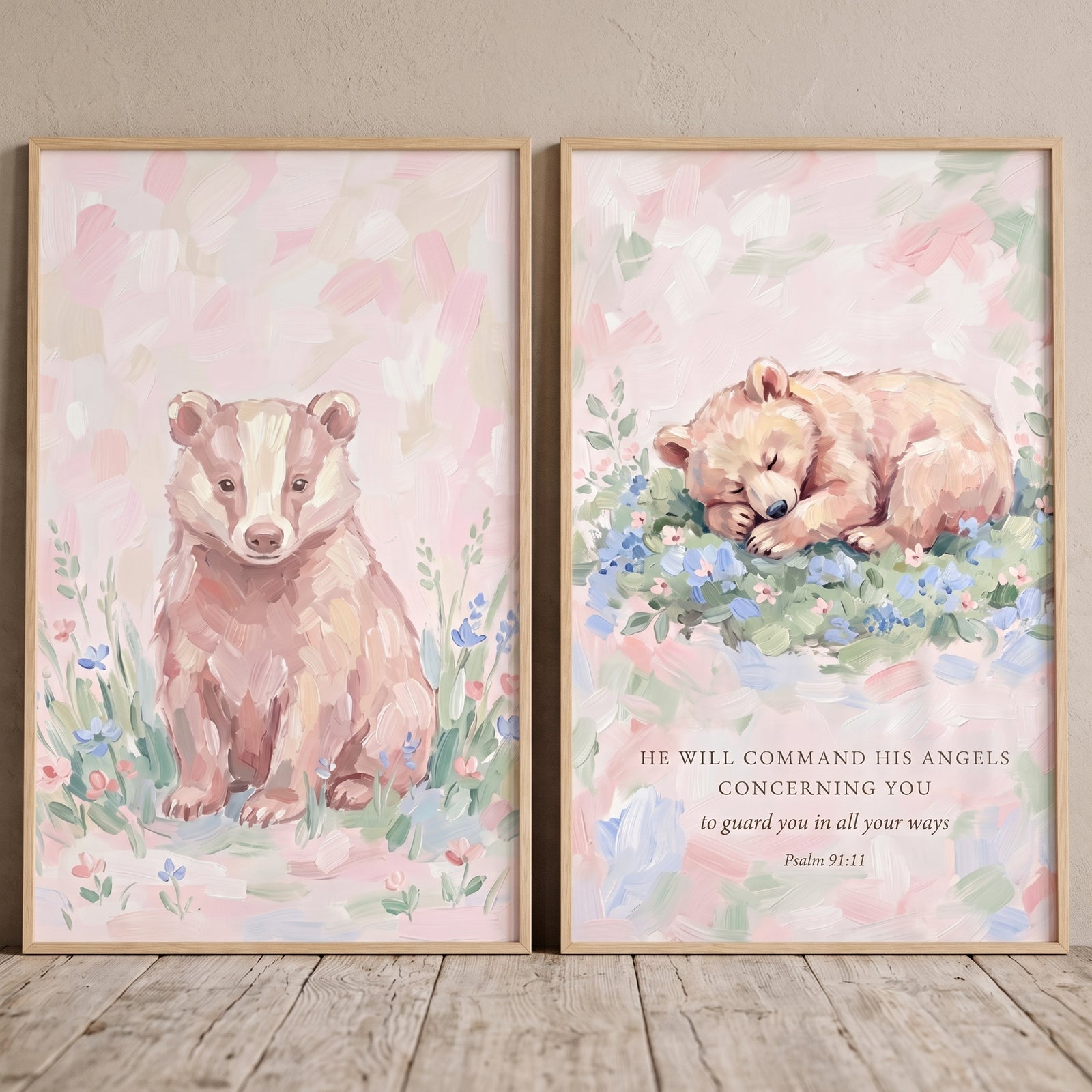 Soft wildflower meadow animals wall art set of 2 featuring a pastel badger, sleeping bear cub, and Psalm 91 scripture.