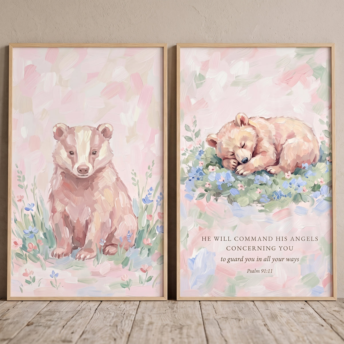 Soft Wildflower Meadow Animals Wall Art Set of 2 - Sweet Guardian Cubs