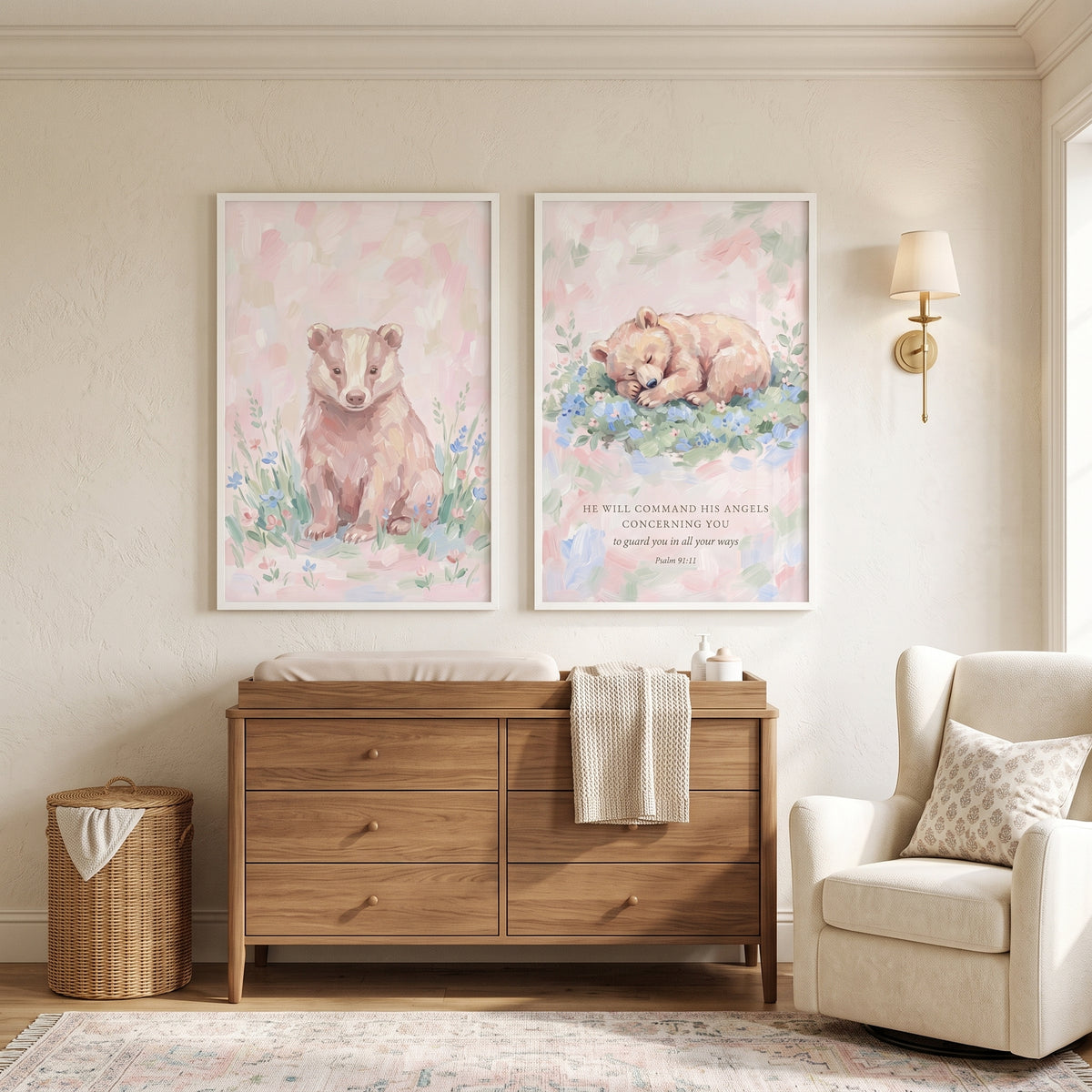 Soft Wildflower Meadow Animals Wall Art Set of 2 - Sweet Guardian Cubs