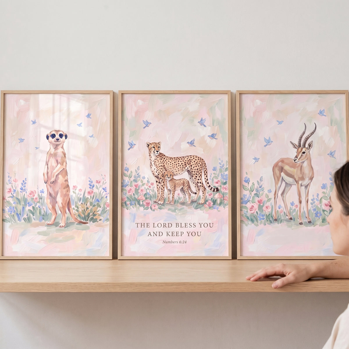 Soft wildflower safari animals wall art set of 3 featuring a meerkat, cheetahs, and gazelle with a biblical verse.