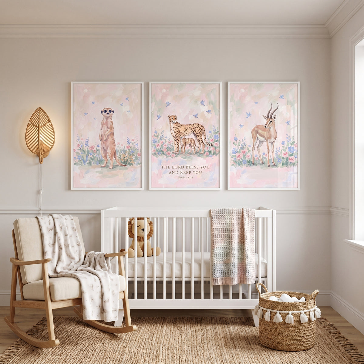 Soft Wildflower Safari Animals Wall Art Set of 3 - Blessed Savanna Trio