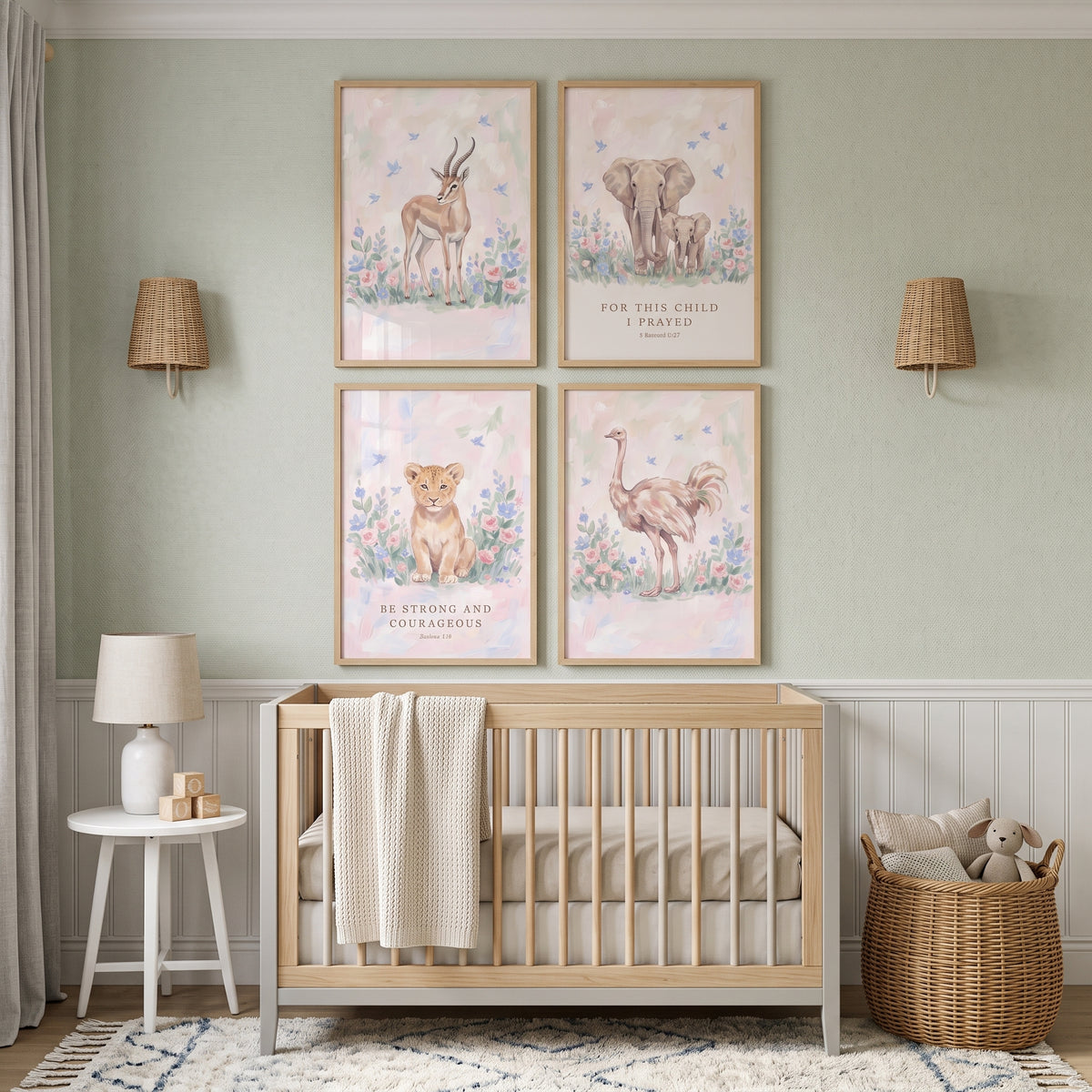 Soft Wildflower Savanna Animals Artwork Set of 4 - Safari Bible Verses