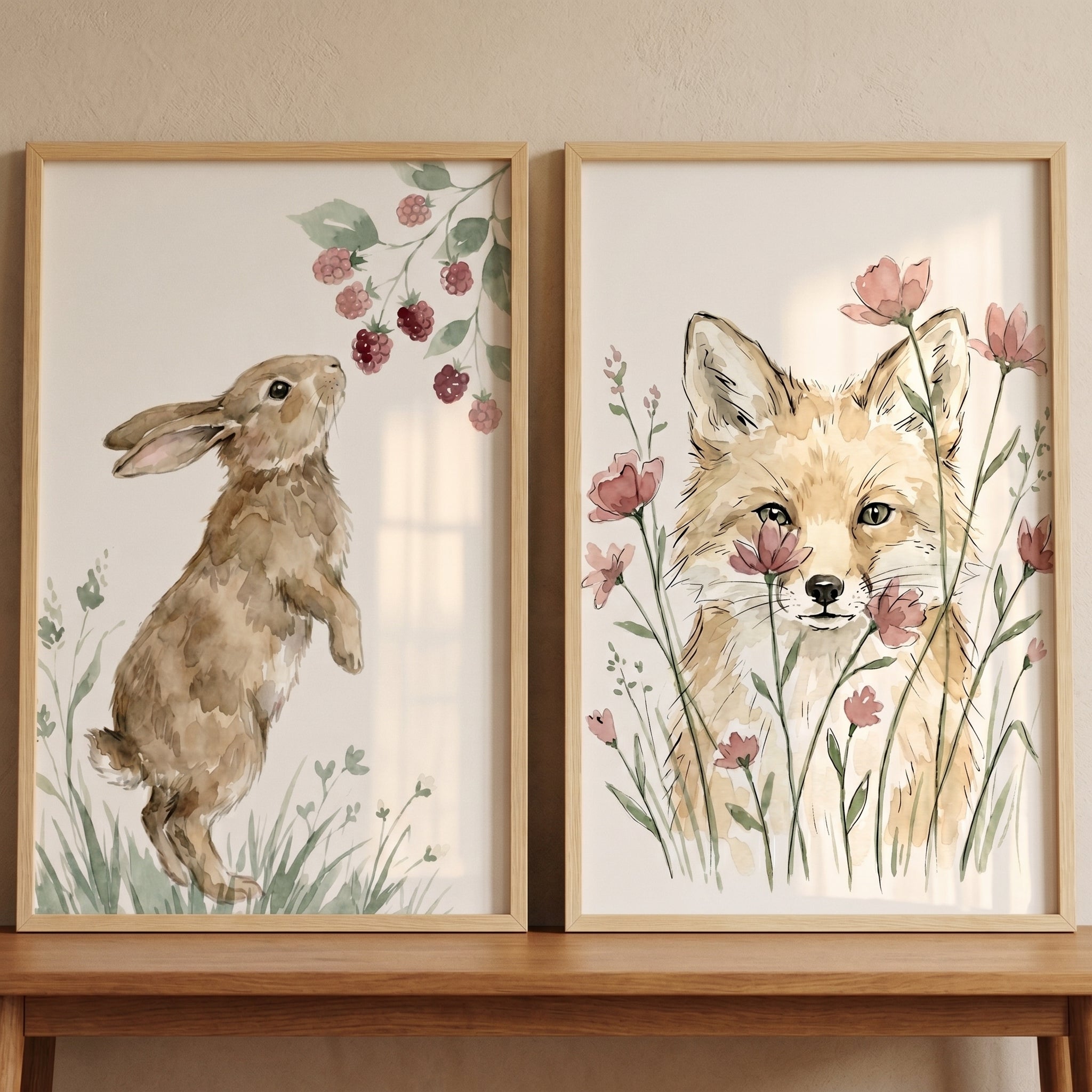 Soft Wildflower Woodland Animal Wall Art Set of 2 - Whimsical Forest Friends