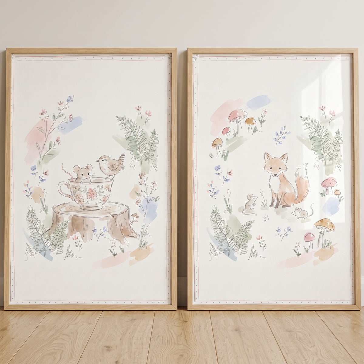 Soft Wildflower Woodland Animal Wall Art Set of 2 - Woodland Friends Tea