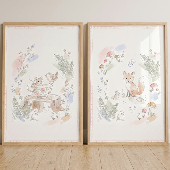 Watercolor soft wildflower woodland animal wall art set of 2 featuring a fox, mice, and a bird in a light natural frame.