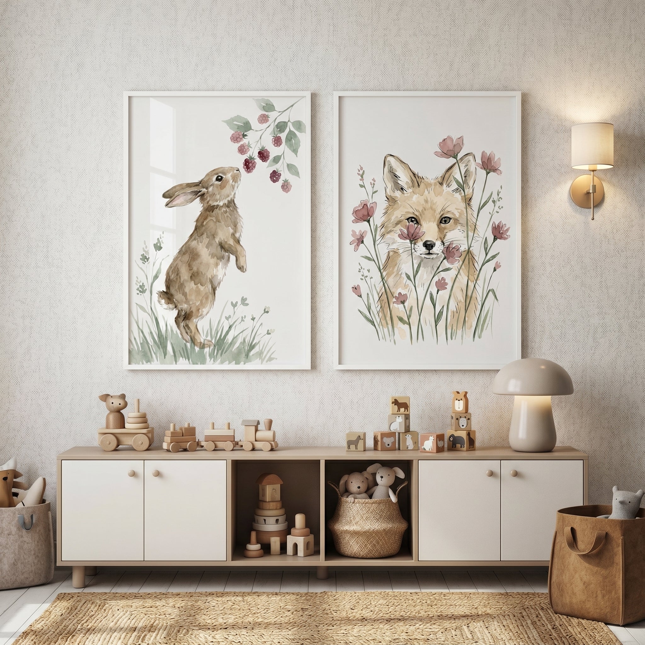 Soft Wildflower Woodland Animal Wall Art Set of 2 - Whimsical Forest Friends