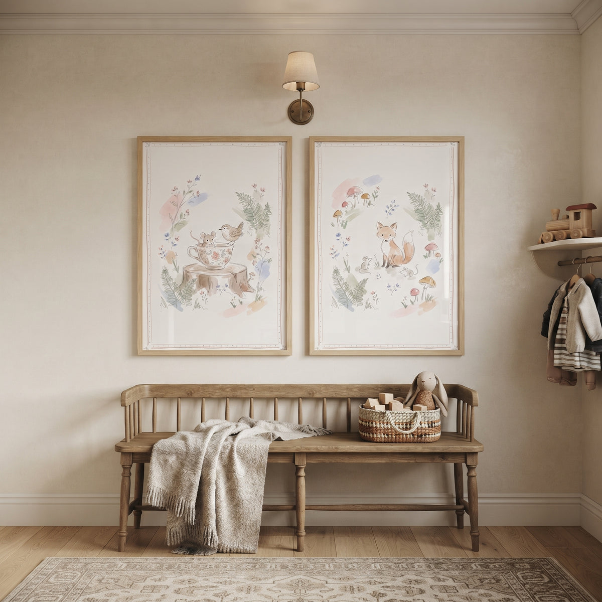 Soft Wildflower Woodland Animal Wall Art Set of 2 - Woodland Friends Tea