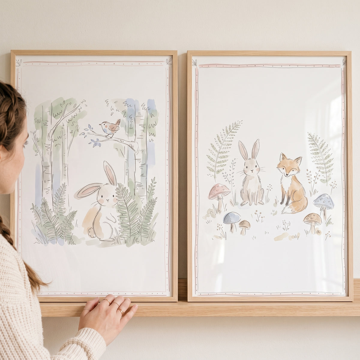 A woman views soft woodland animal artwork set of 2 featuring watercolor-style rabbits, a fox, and a bird in light frames.
