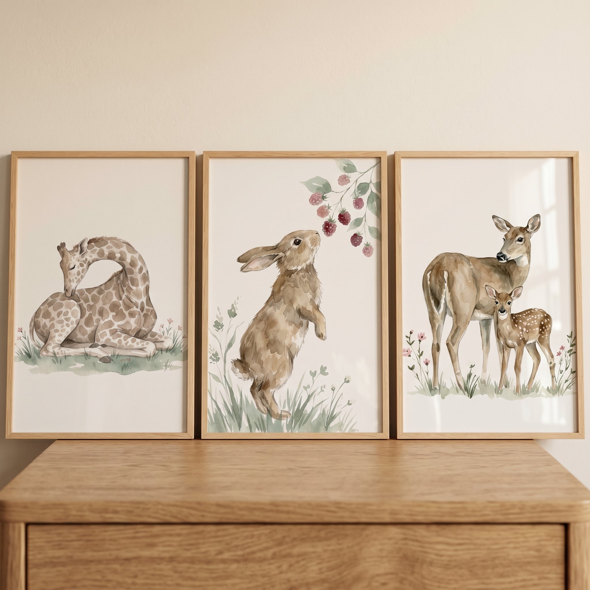 Soft Woodland Animal Wall Art Set of 3 - Gentle Animal Trio