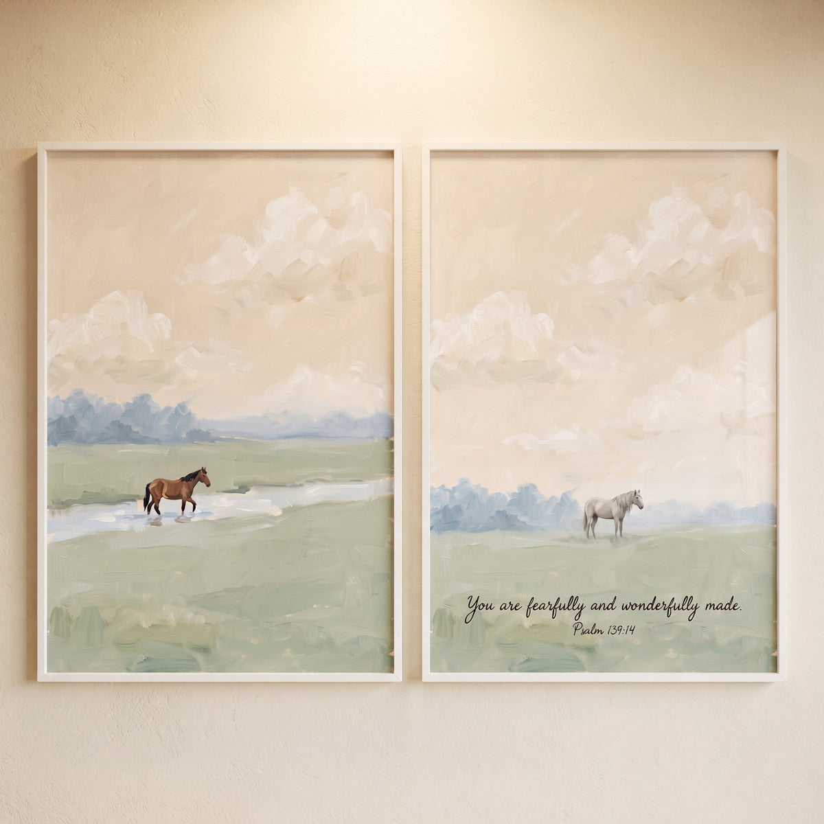 Softly lit pasture horse wall art set of 2 with brown and white horses in fields and text from Psalm 139:14.