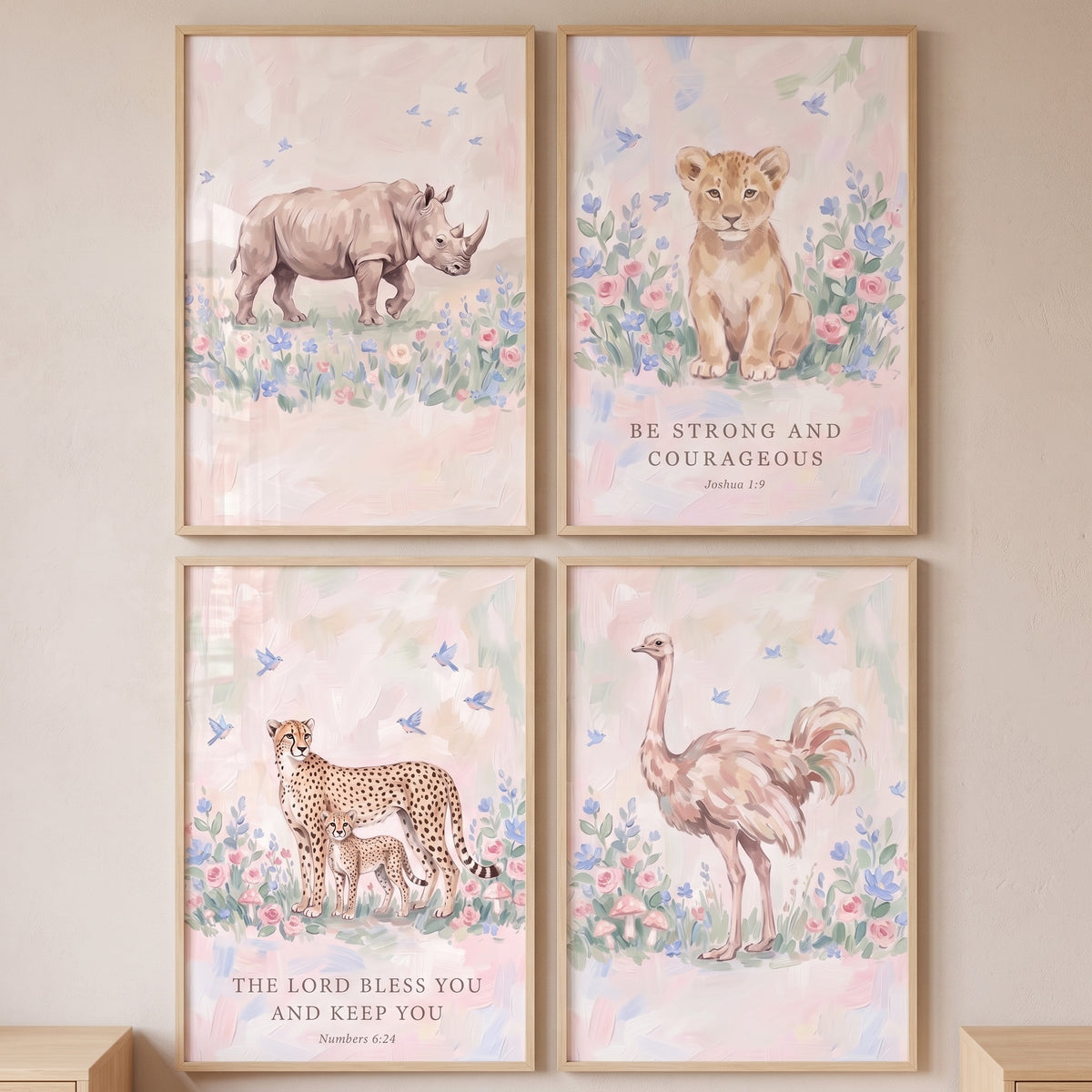 Songbird garden safari animals wall art set of 4 includes a rhino, lion cub, cheetah with cub, and ostrich in watercolor.