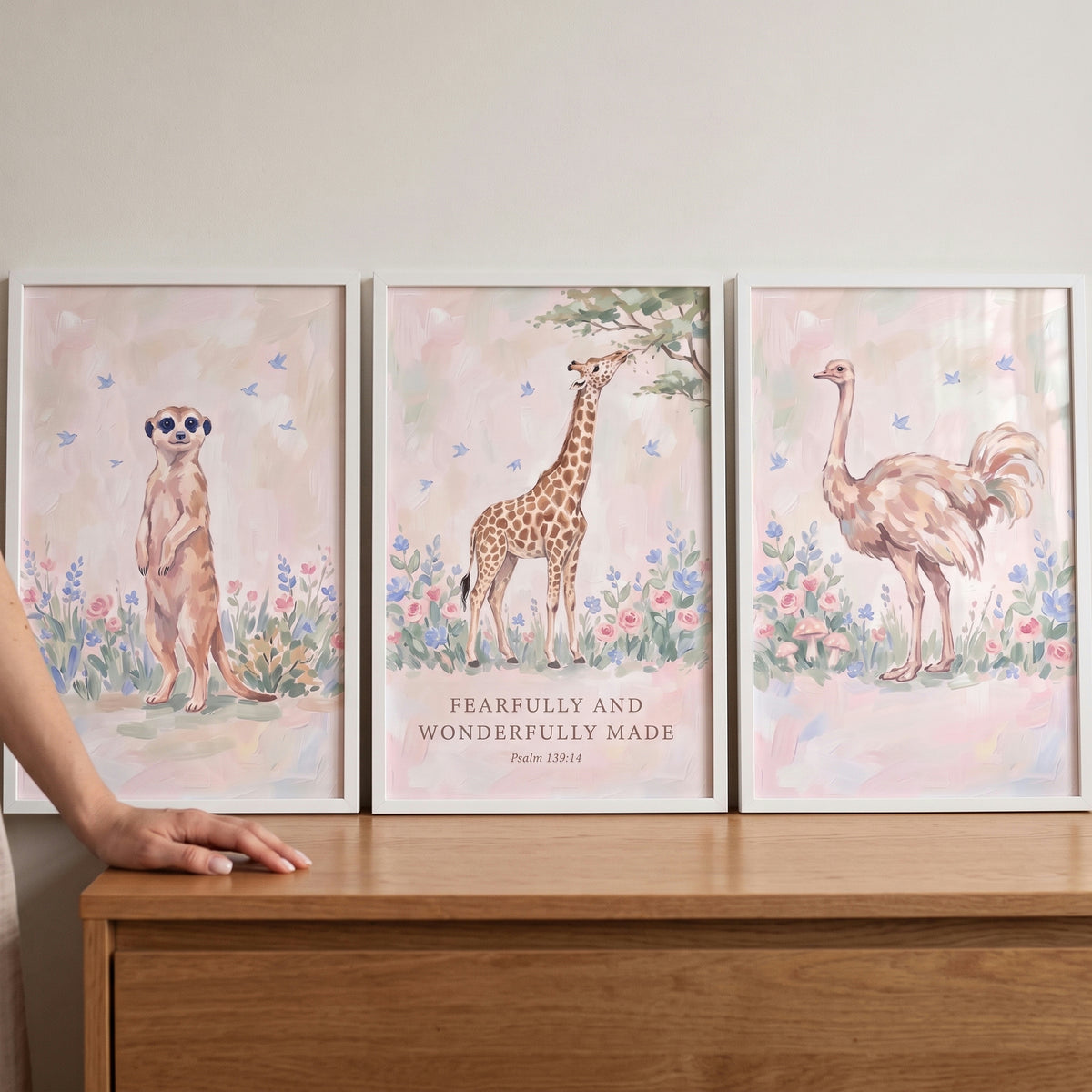 Songbird Meadow Savanna Animals Wall Art Set Of 3 - Gentle Safari Trio