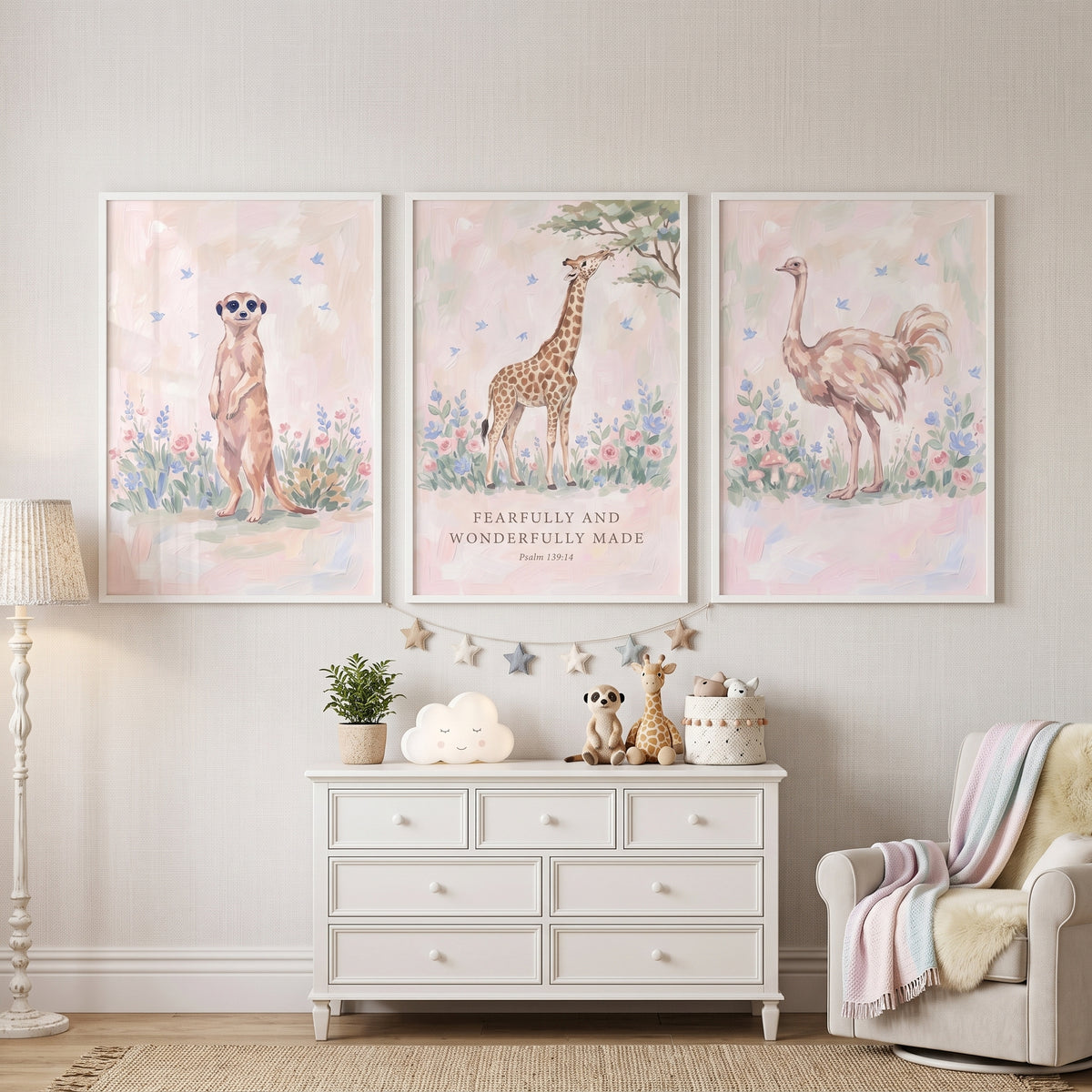 Songbird Meadow Savanna Animals Wall Art Set Of 3 - Gentle Safari Trio