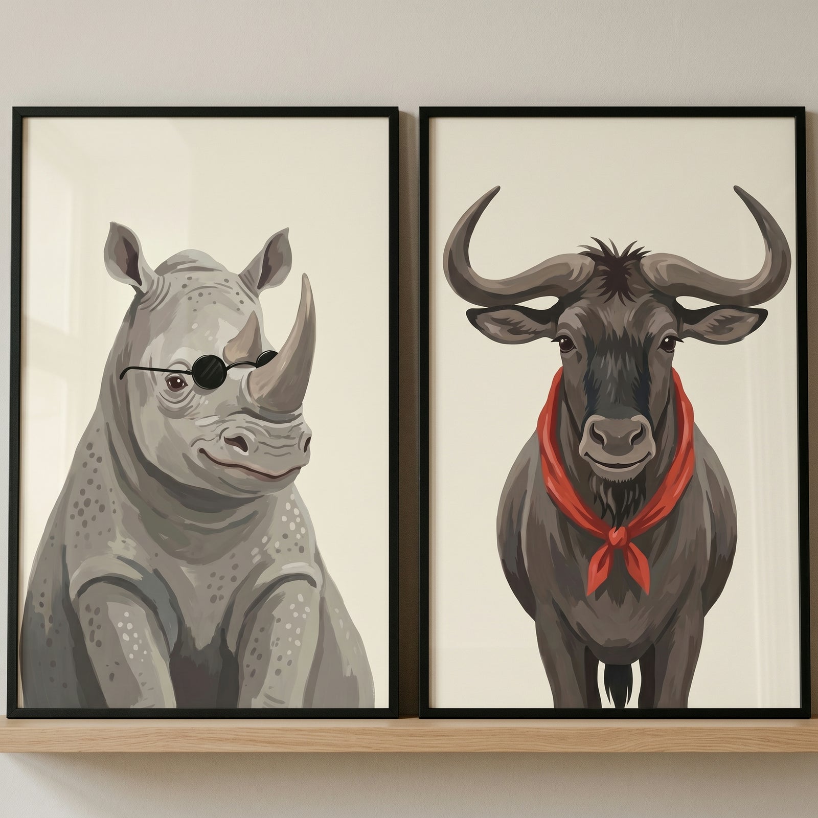 Sophisticated accessorized savanna animal wall art set of 2 with a rhino in sunglasses and a wildebeest in a red scarf.