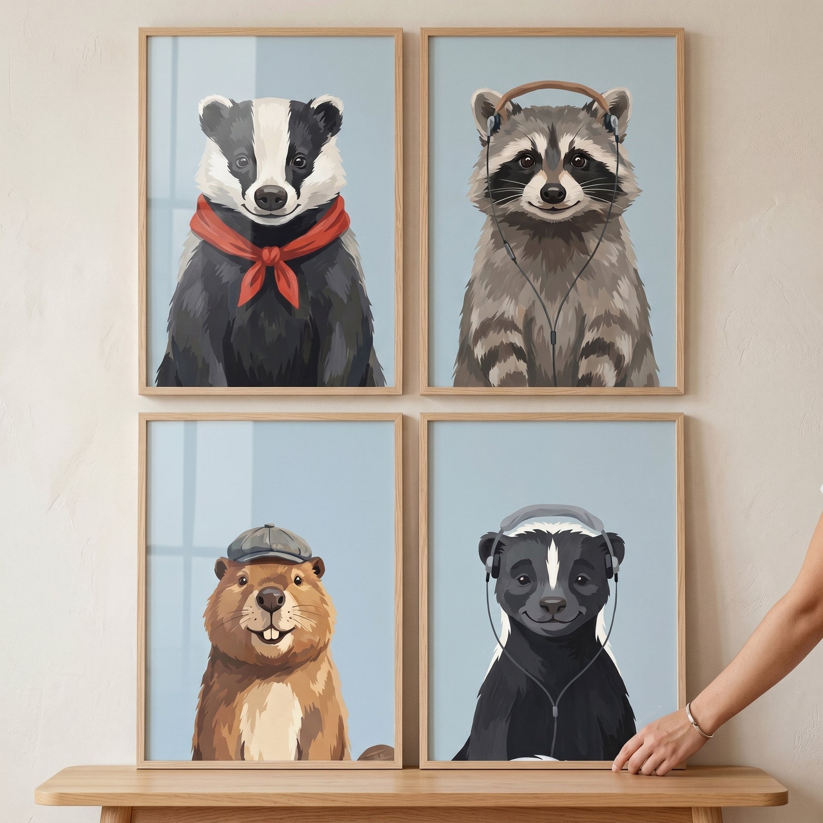 Sophisticated accessory forest animals artwork set of 4 features a badger, raccoon, beaver, and skunk wearing accessories.