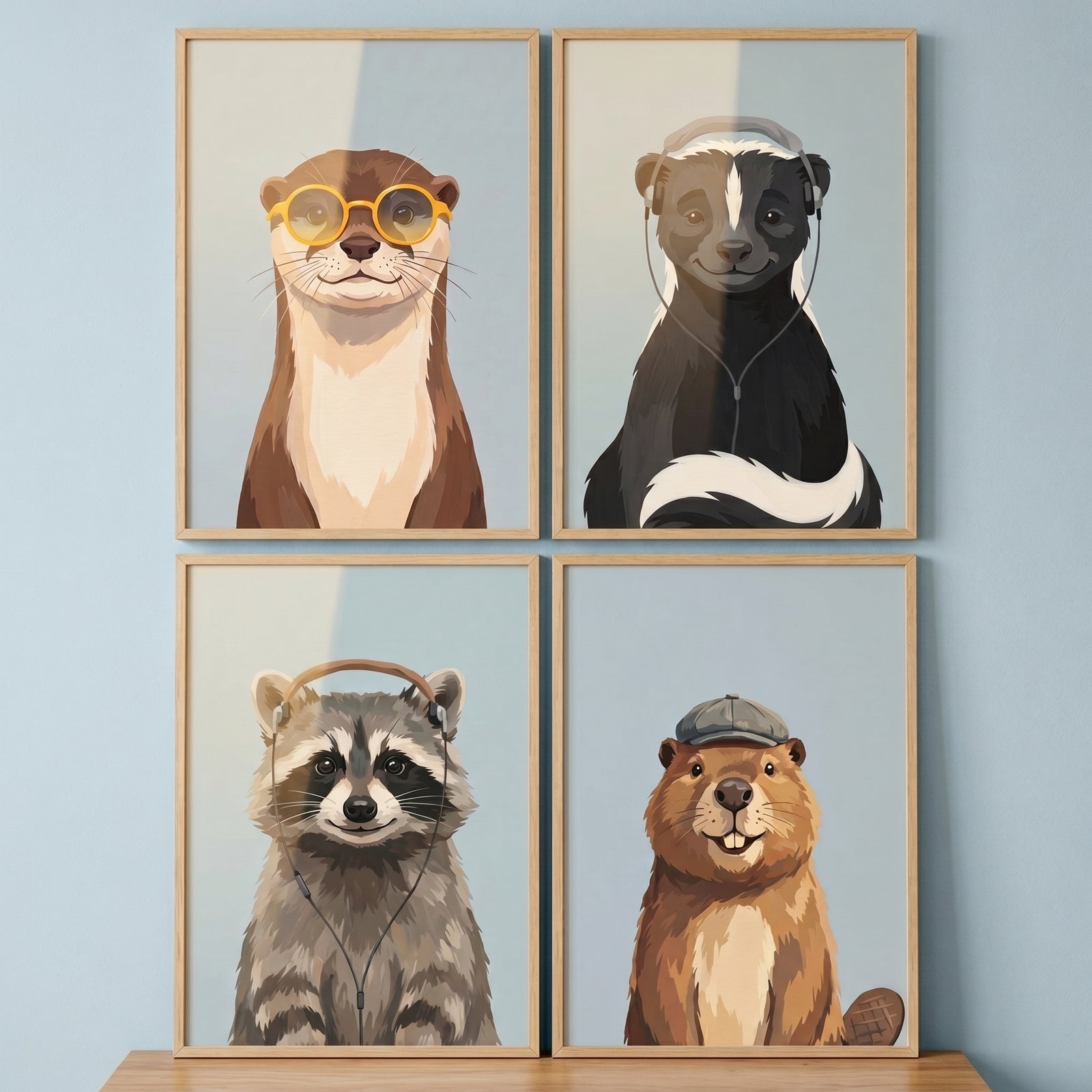 Sophisticated accessory woodland animals wall art set of 4 featuring an otter, skunk, raccoon, and beaver.